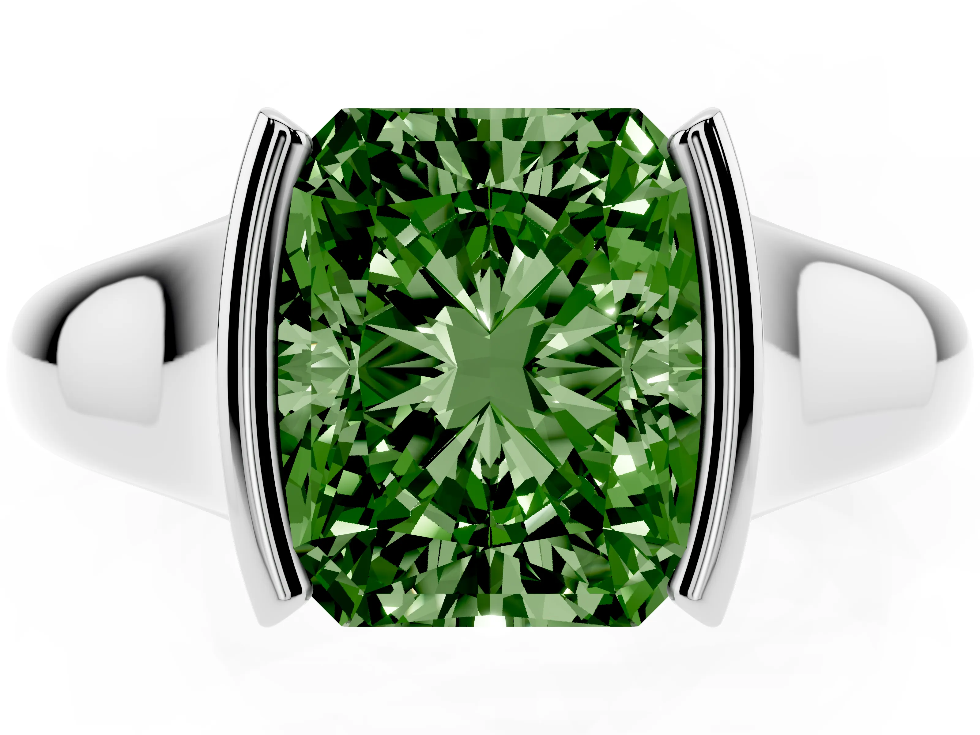 Fancy Green Radiant Cut Diamond Solitaire Tension Set Ring Set in Platinum with Split Shank Band