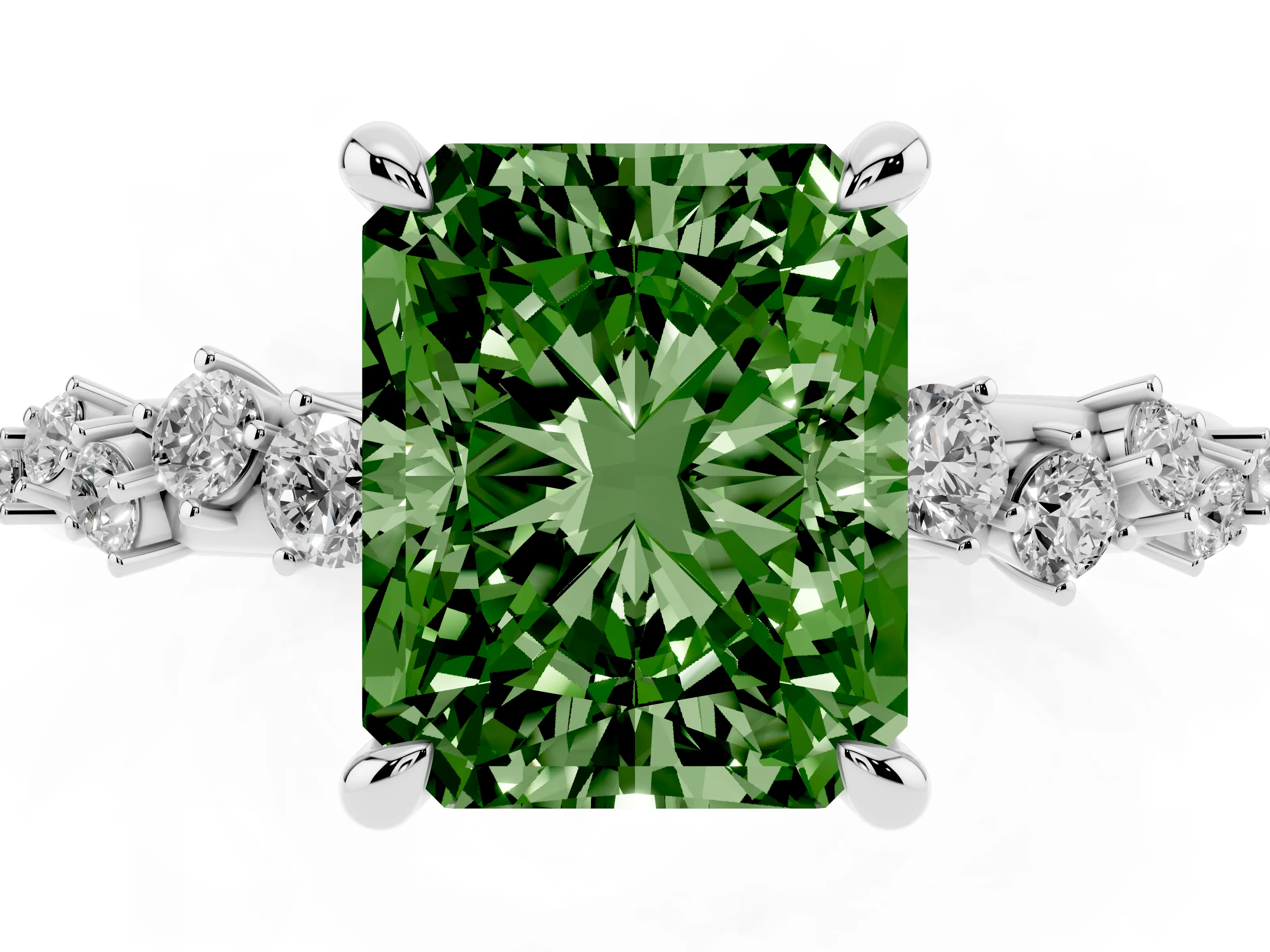 Fancy Green Radiant Cut Diamond Solitaire Vine Band Ring Set in Platinum with Round Accents and Prong Setting