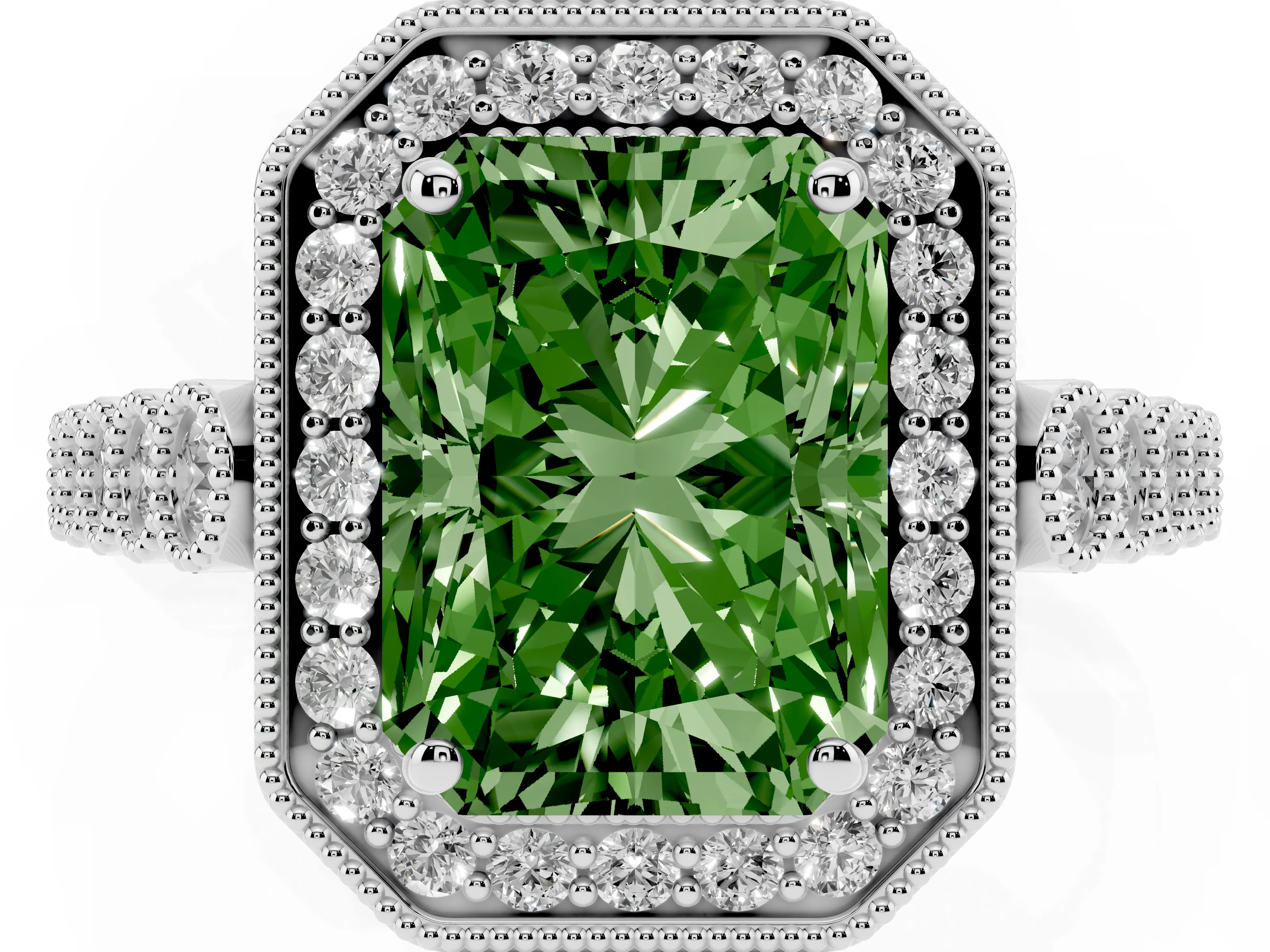 Fancy Green Radiant Cut Diamond Milgrain Halo Solitaire Ring Set in White gold with Bezel Set Side Stones and Pavé Band
