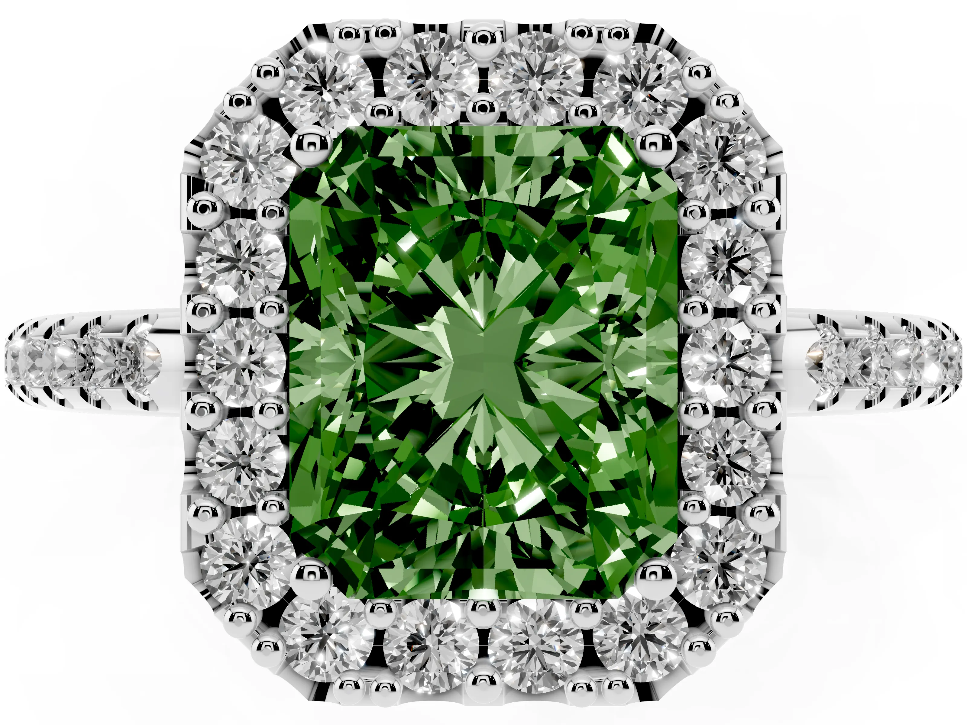 Fancy Green Radiant Cut Diamond Pavé Halo Ring Set in Silver with Prong Setting