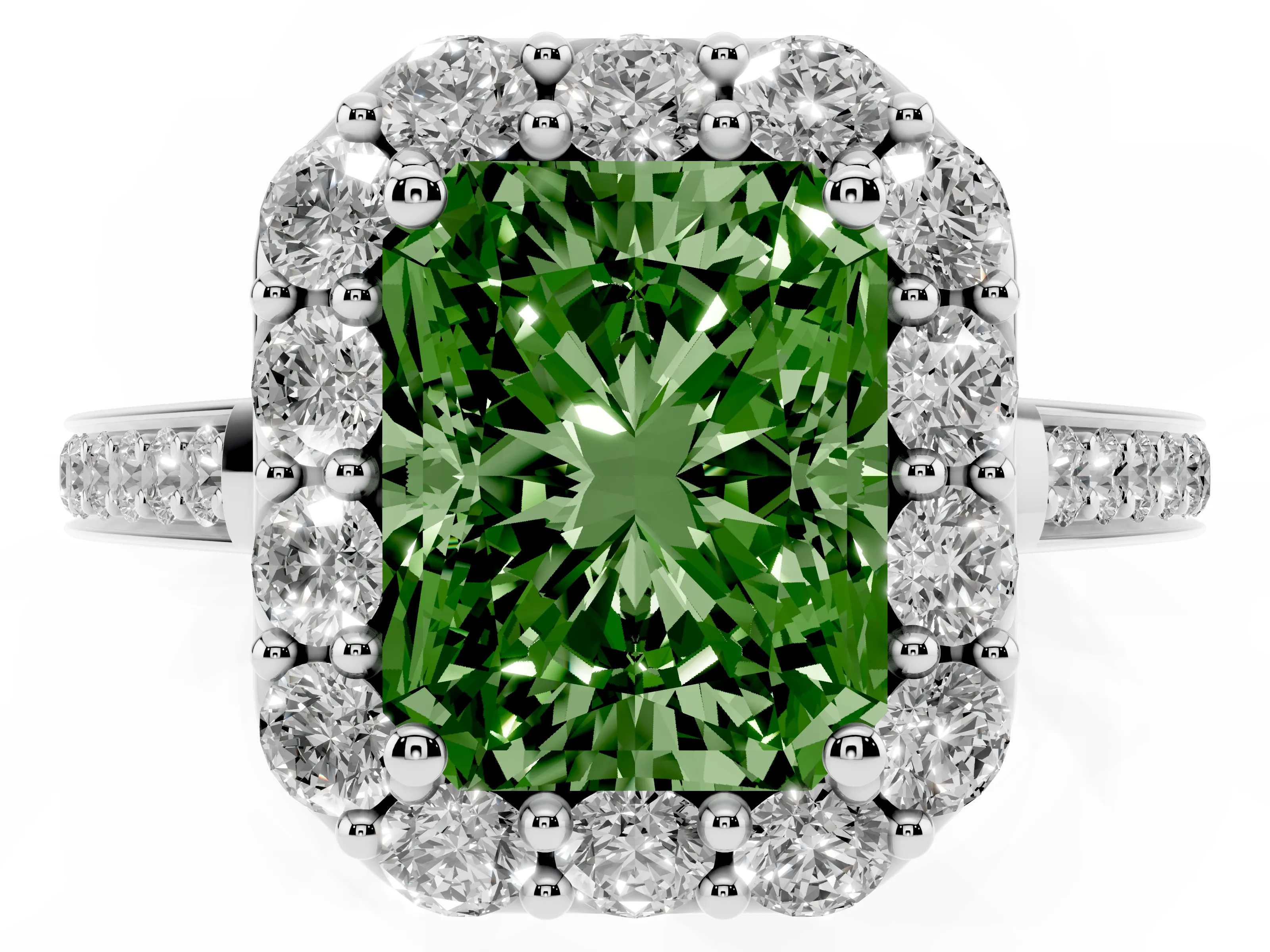 Fancy Green Radiant Cut Diamond Floral Halo Ring Set in Platinum with Pavé Band and Prong Setting