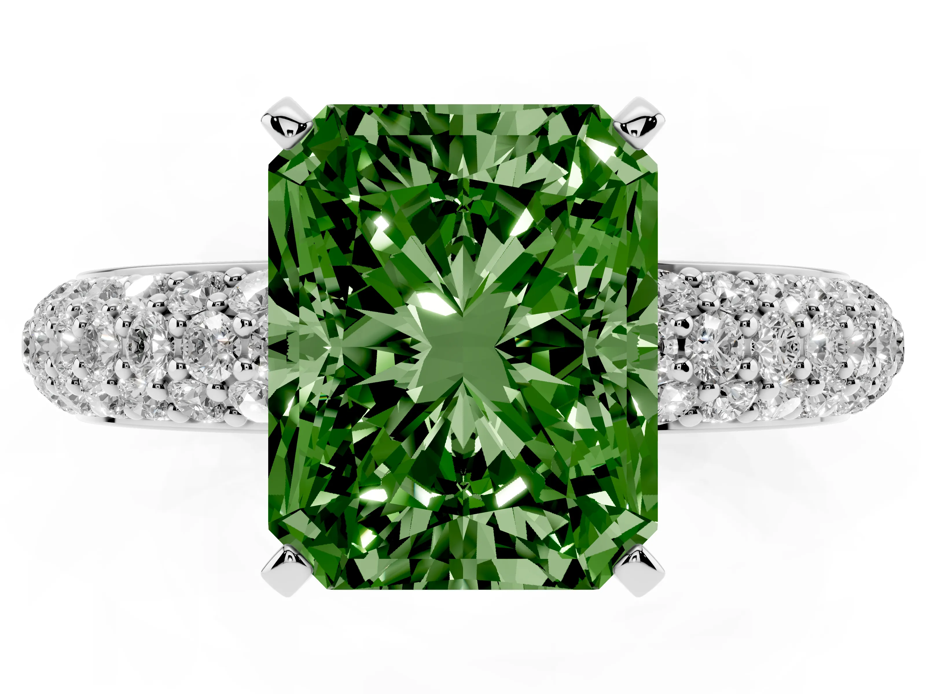 Fancy Green Radiant Cut Diamond Solitaire Ring Set in Platinum with Prong Setting and Pavé-Set Band