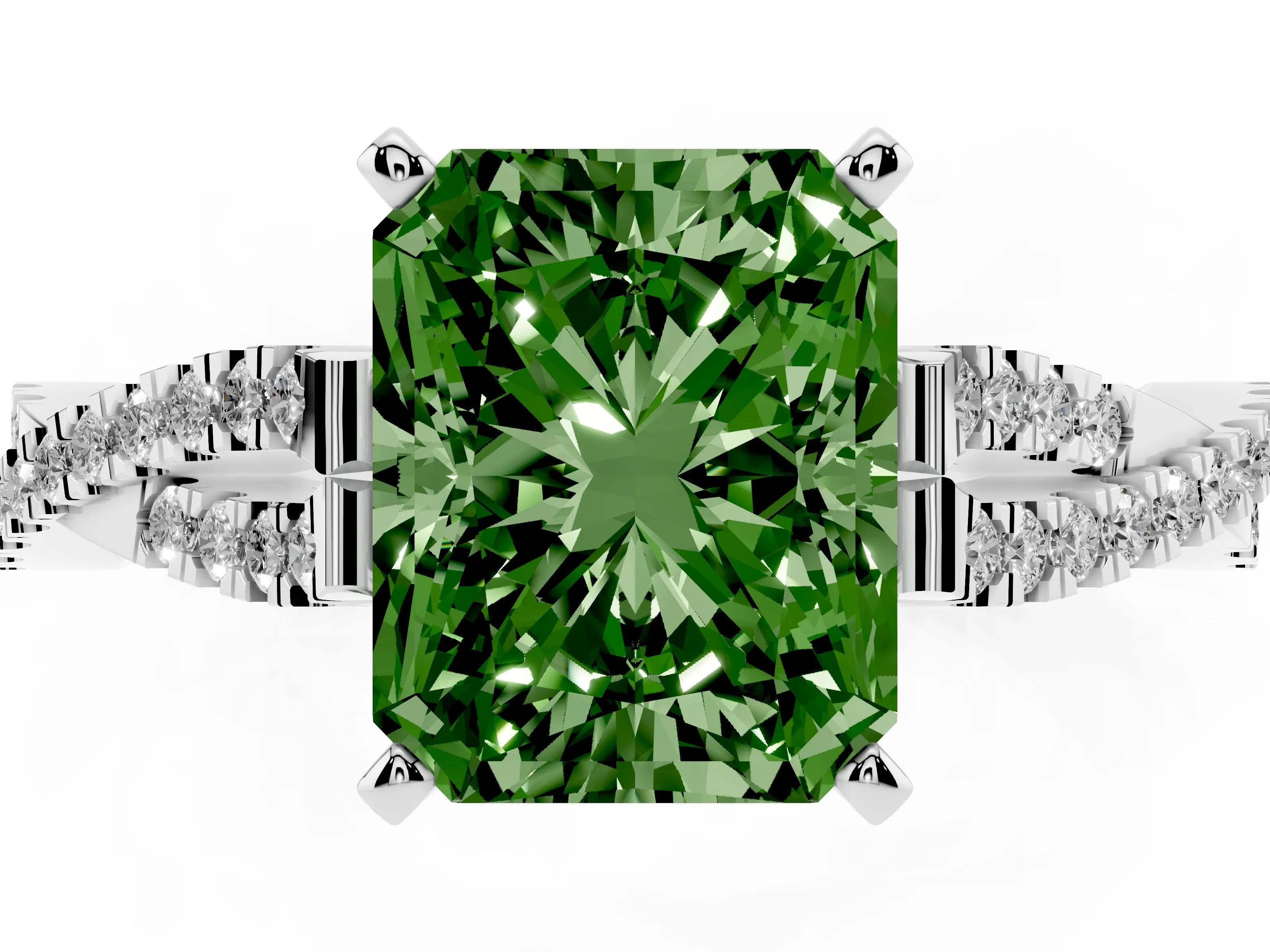 Fancy Green Radiant Cut Diamond Solitaire Engagement Ring Set in Platinum with Twisted Pavé Band and Prong Setting
