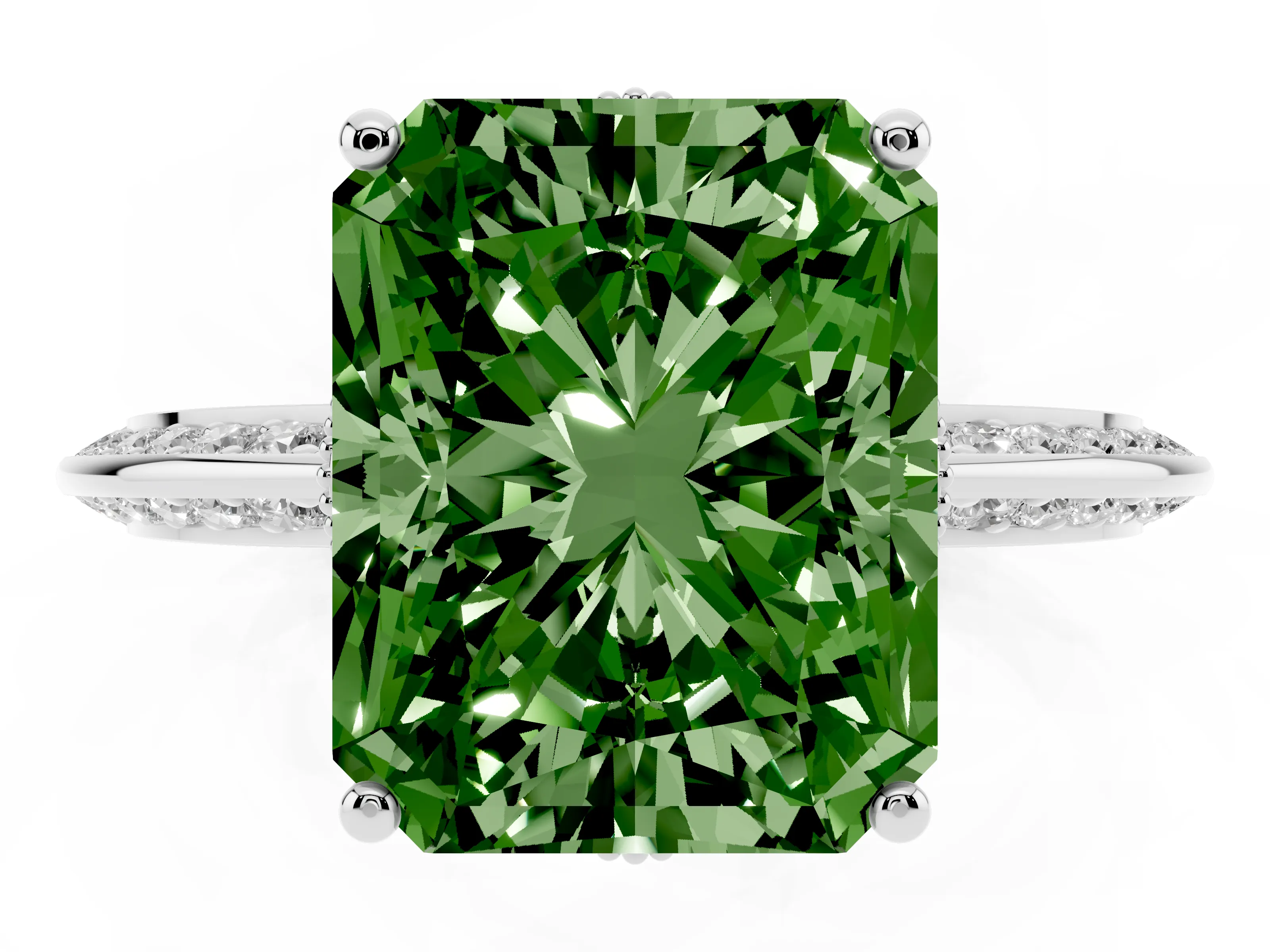 Fancy Green Radiant Cut Diamond Solitaire Engagement Ring Set in Silver with Pavé Split Shank and Prong Setting