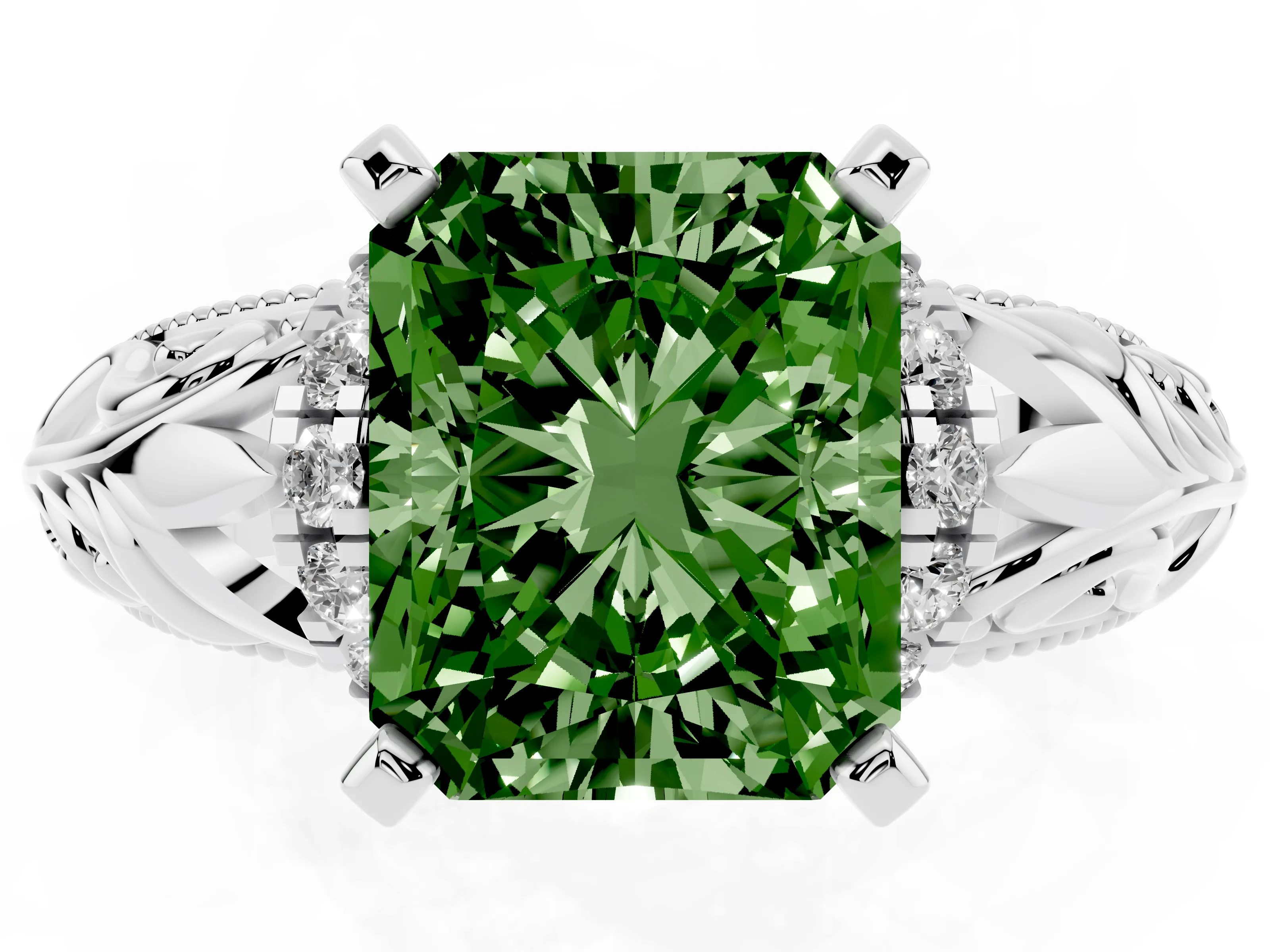 Fancy Green Radiant Cut Diamond Filigree Halo Engagement Ring Set in White gold with Prong Setting