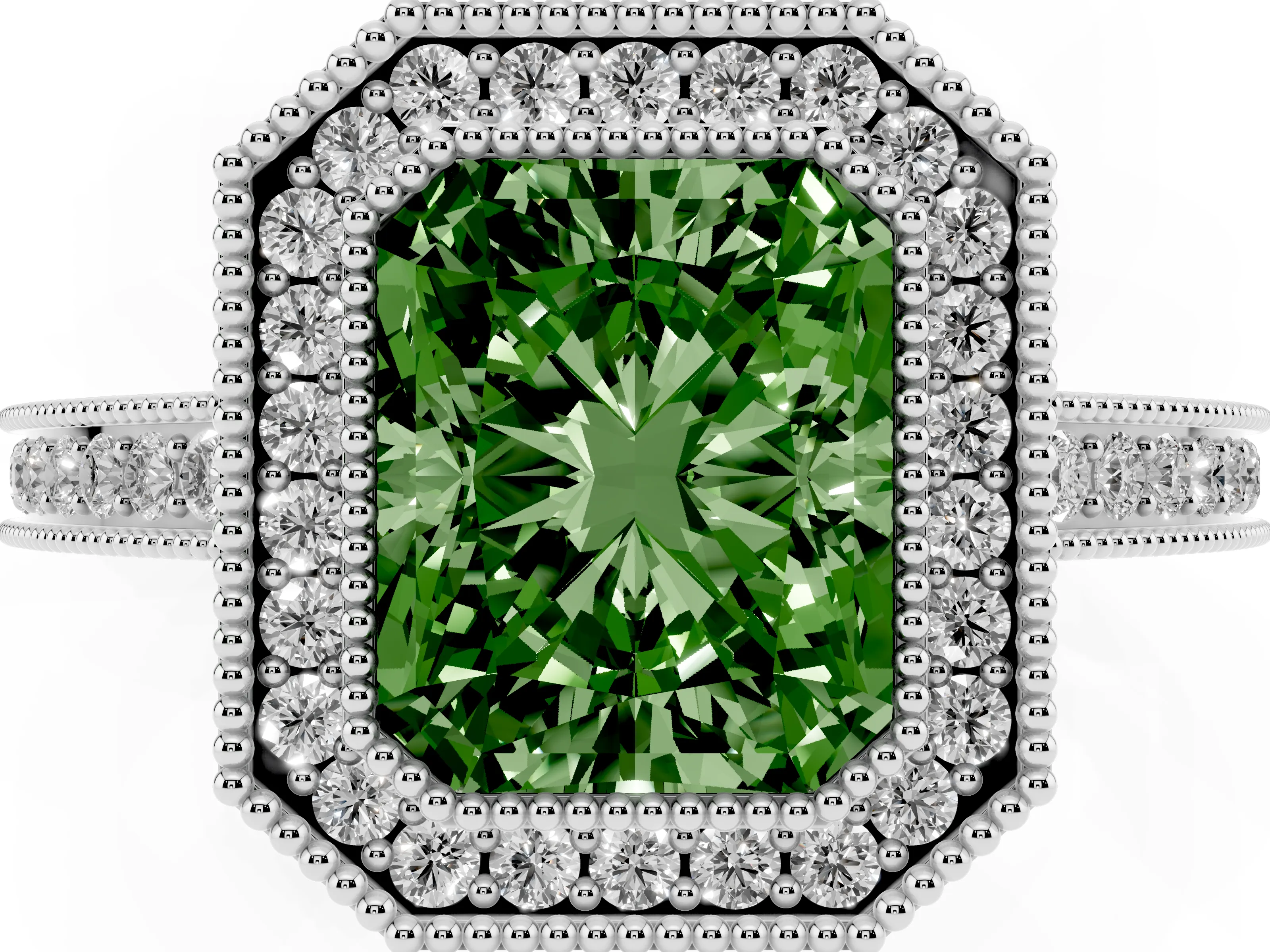 Fancy Green Radiant Cut Diamond Halo Ring Set in White gold with Pavé Band and Milgrain-Edged Prongs