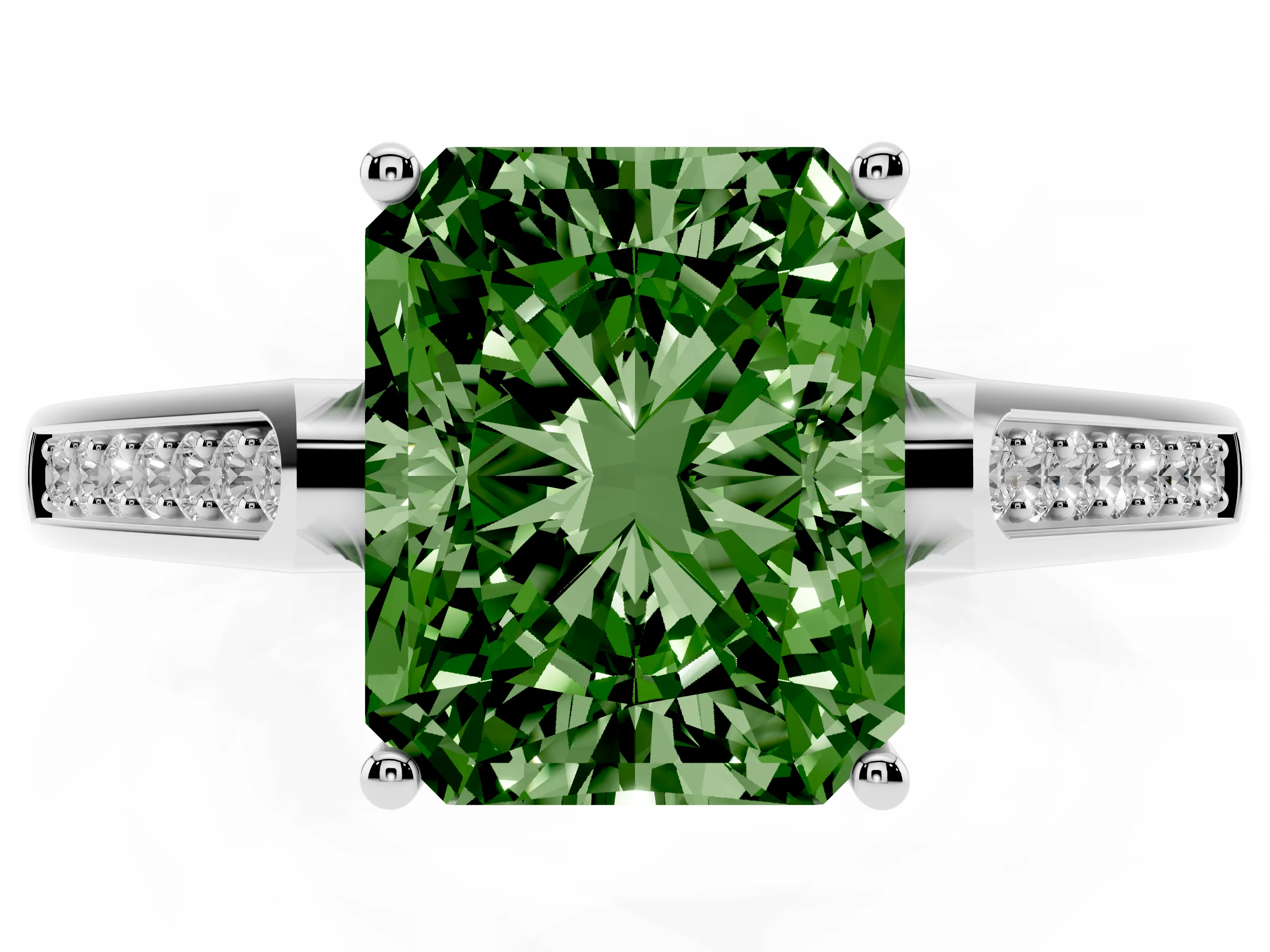 Fancy Green Radiant Cut Diamond Solitaire Cathedral Engagement Ring Set in Platinum with Channel-Set Band and Prong Setting