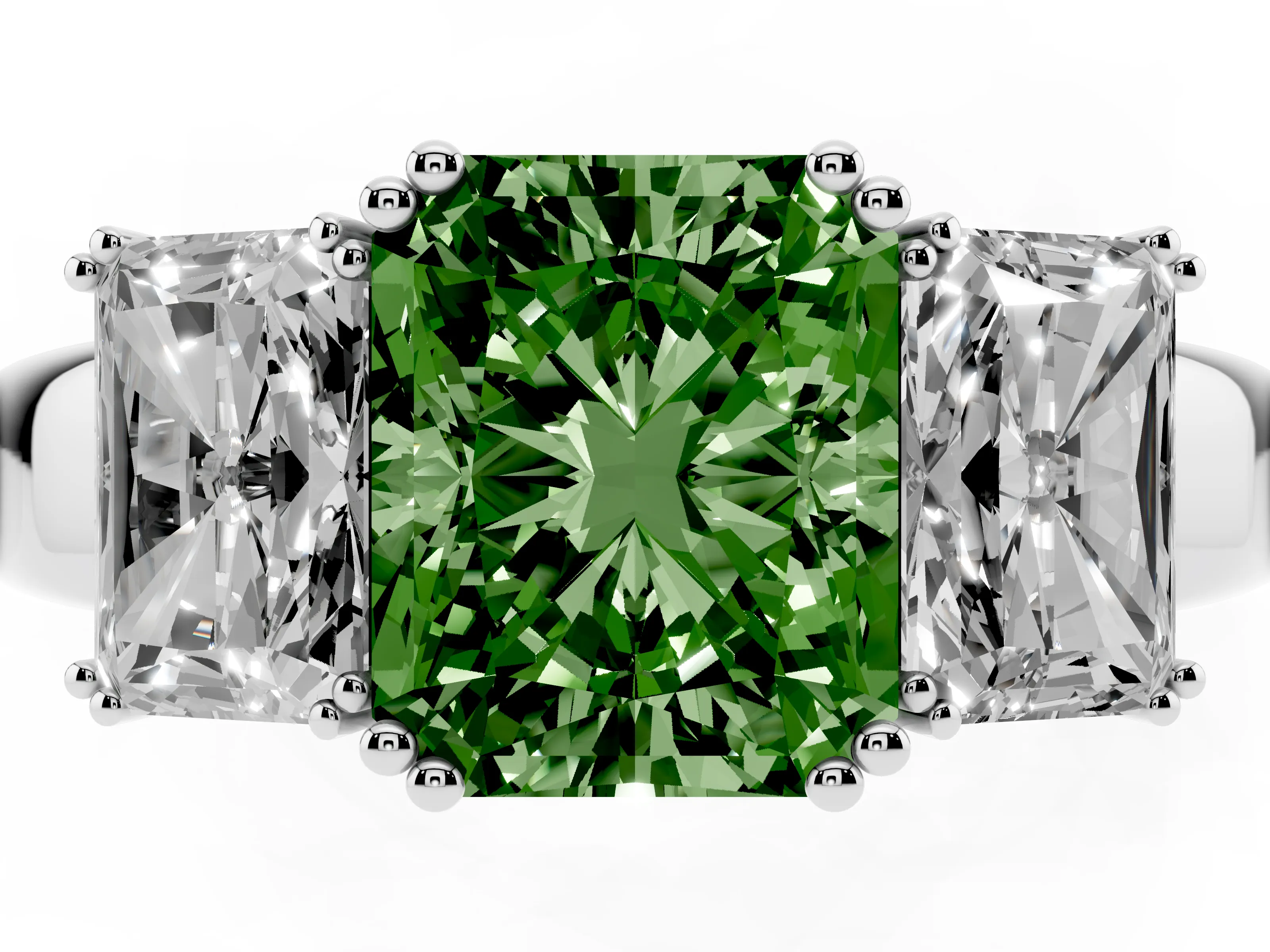 Fancy Green Radiant Cut Diamond Three-Stone Ring Set in Platinum with Polished Channel-Set Band