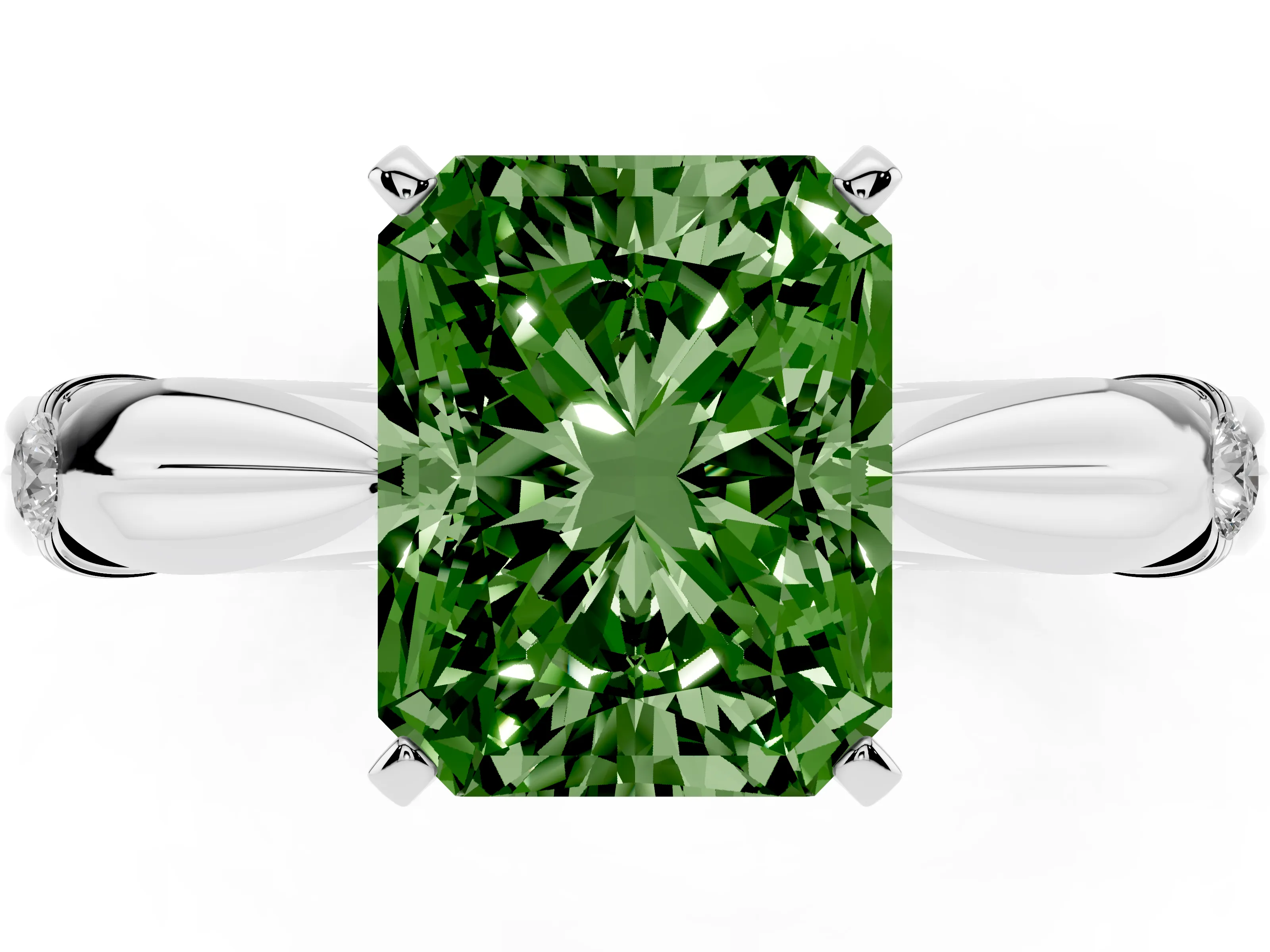 Fancy Green Radiant Cut Diamond Solitaire Twisted Band Ring Set in Silver with Accent Stones and Prong Setting
