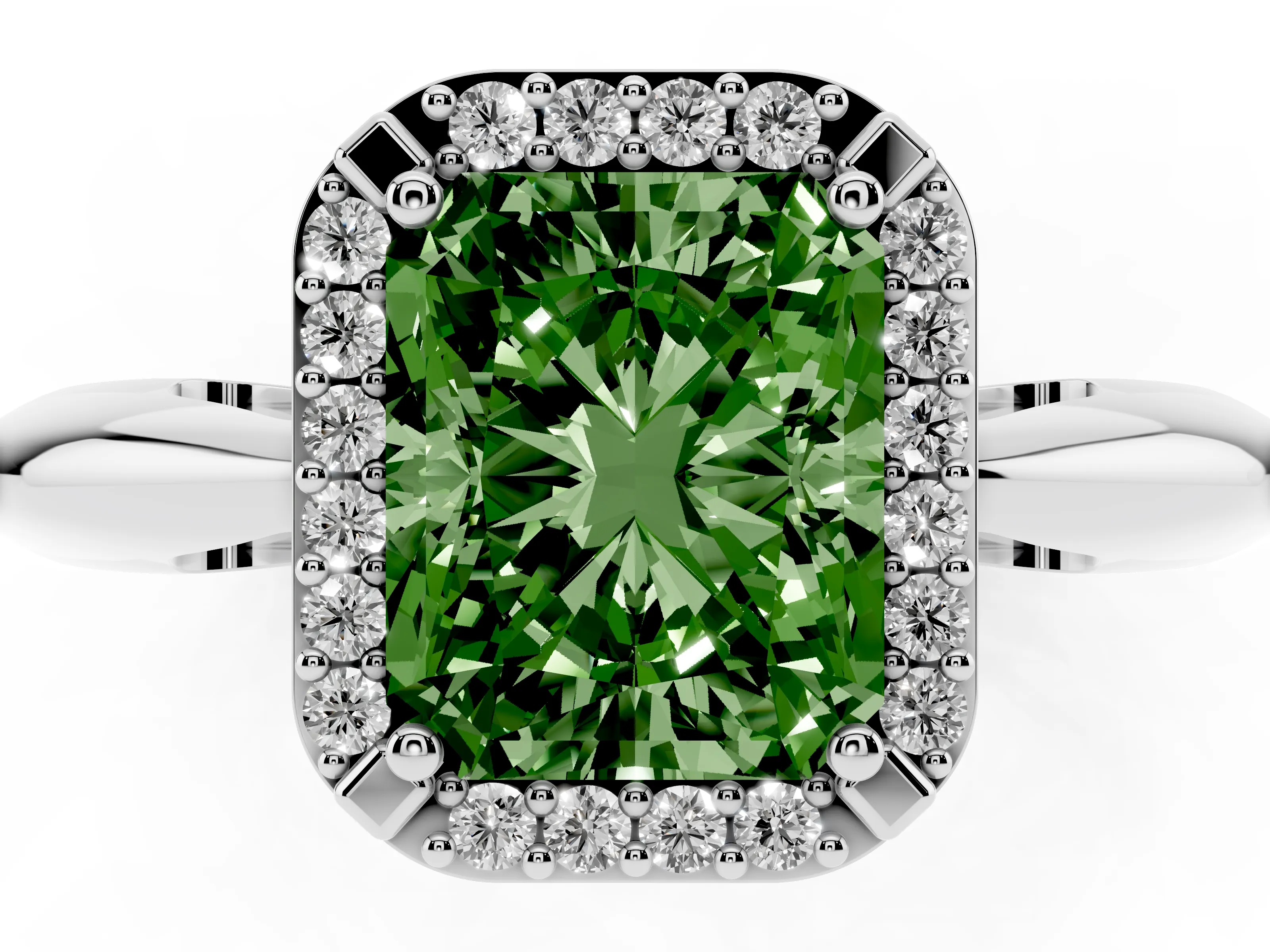 Fancy Green Radiant Cut Diamond Halo Engagement Ring Set in Platinum with Plain Split Shank and Prong Setting