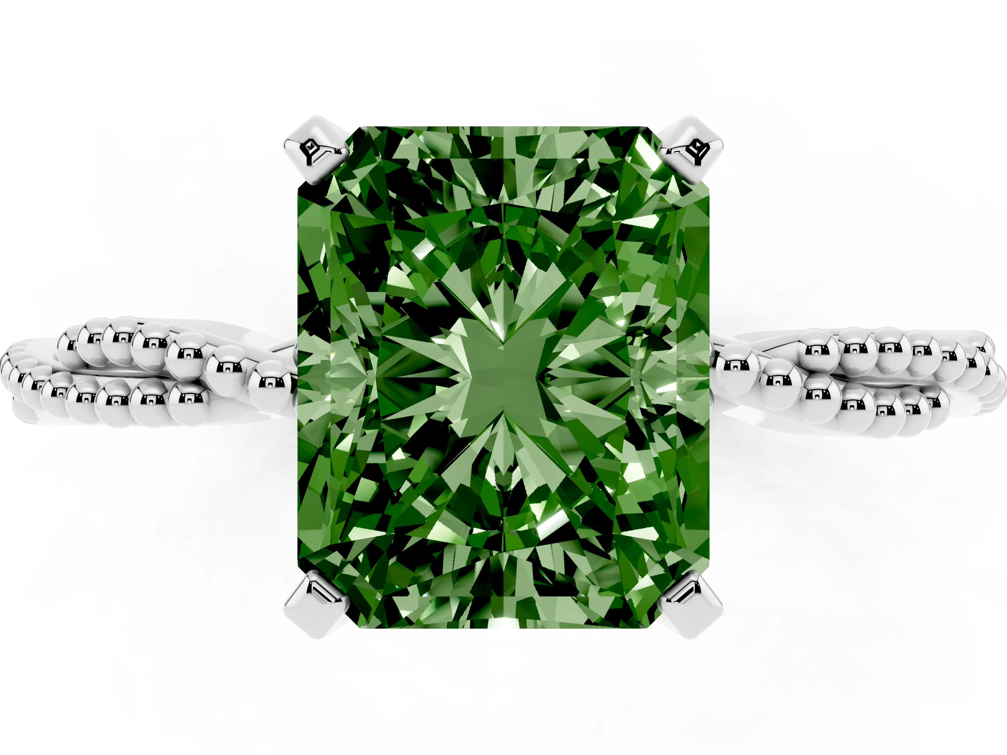 Fancy Green Radiant Cut Diamond Solitaire Ring Set in Silver with Twisted Band and Bead Prong Setting