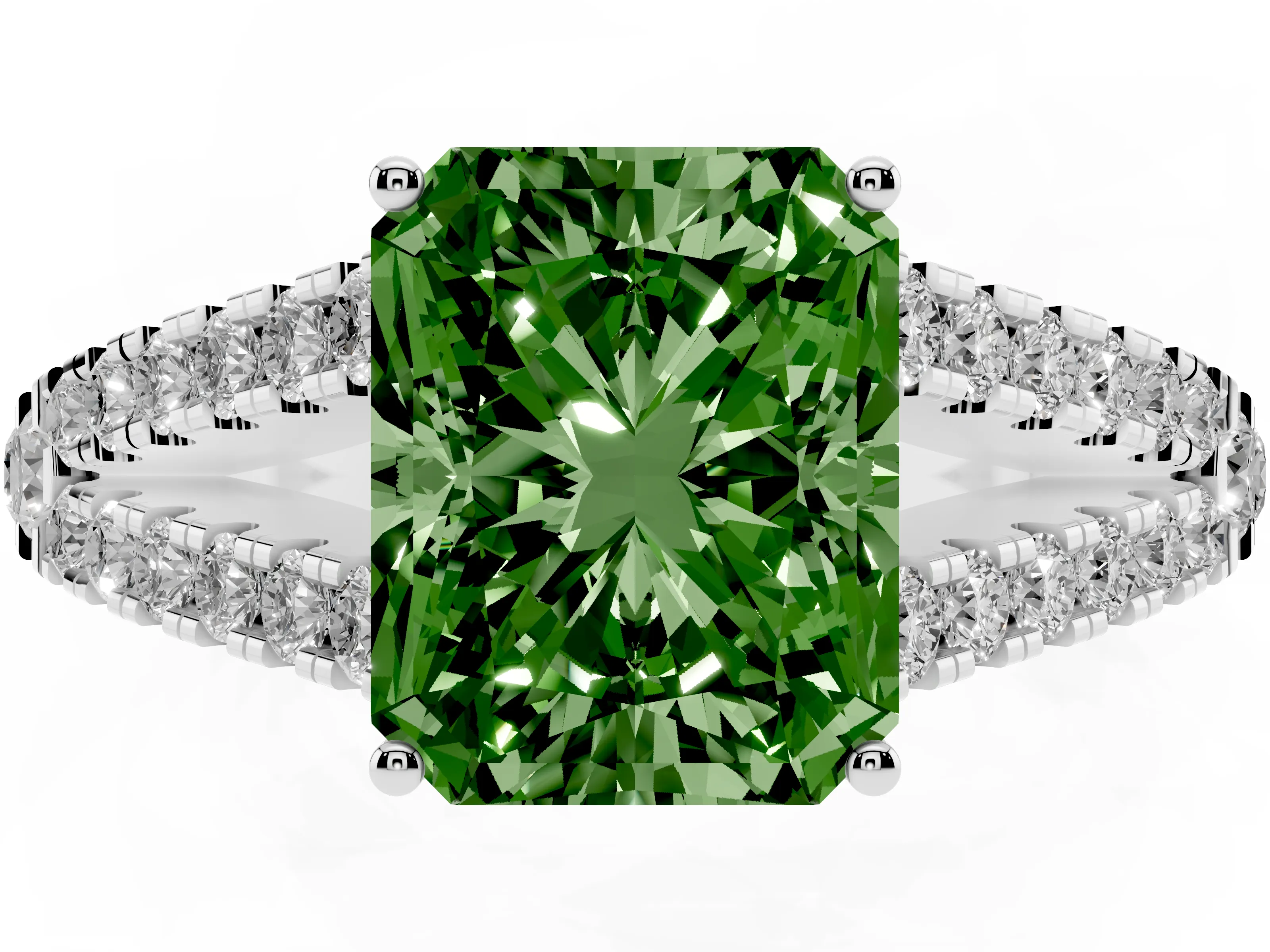 Fancy Green Radiant Cut Diamond Split Shank Pavé Engagement Ring Set in Platinum with Prong-Held Center Stone