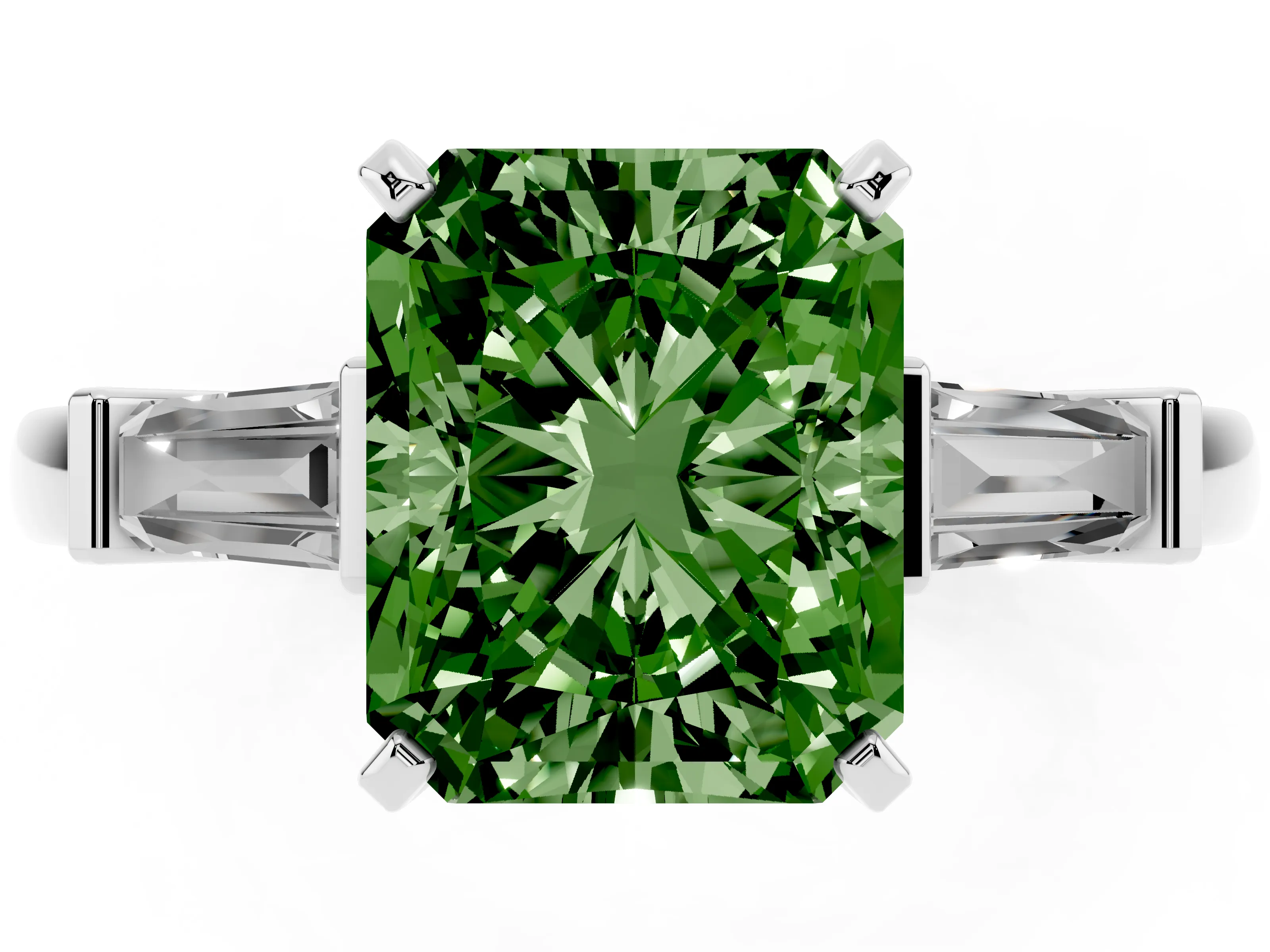 Fancy Green Radiant Cut Diamond Solitaire Ring Set in White gold with Tapered Baguette Accents and Prong Setting