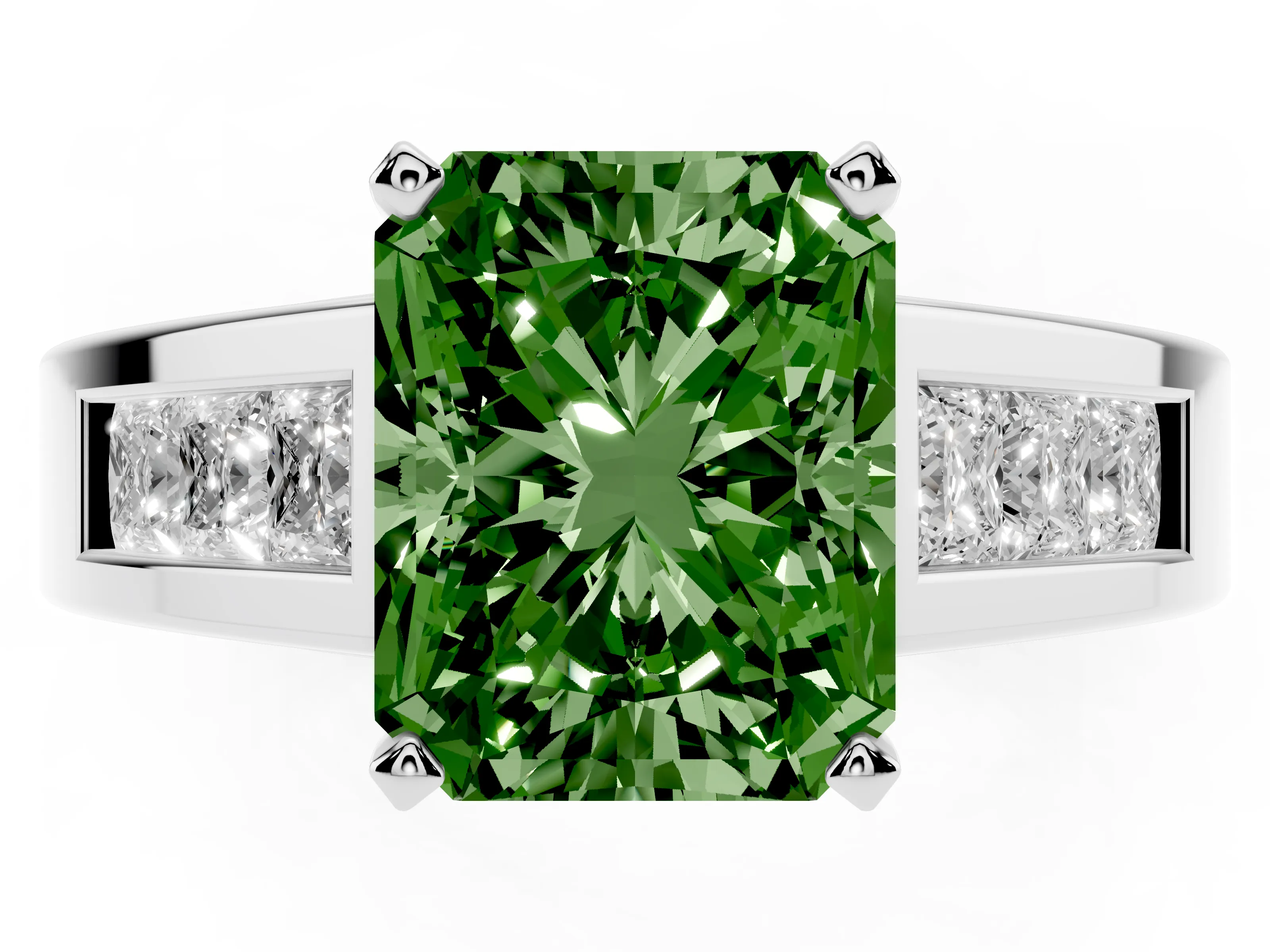 Fancy Green Radiant Cut Diamond Solitaire Ring Set in Silver with Channel-Set Accent Stones and Prong Setting