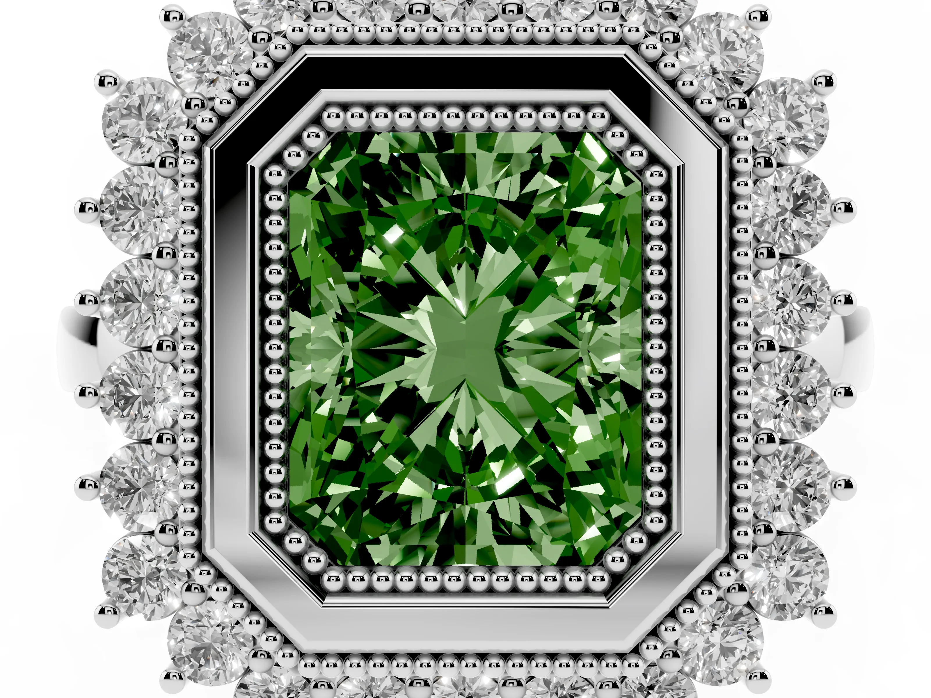 Fancy Green Radiant Cut Diamond Halo Ring Set in Platinum with Milgrain Edge and Round Prong Setting