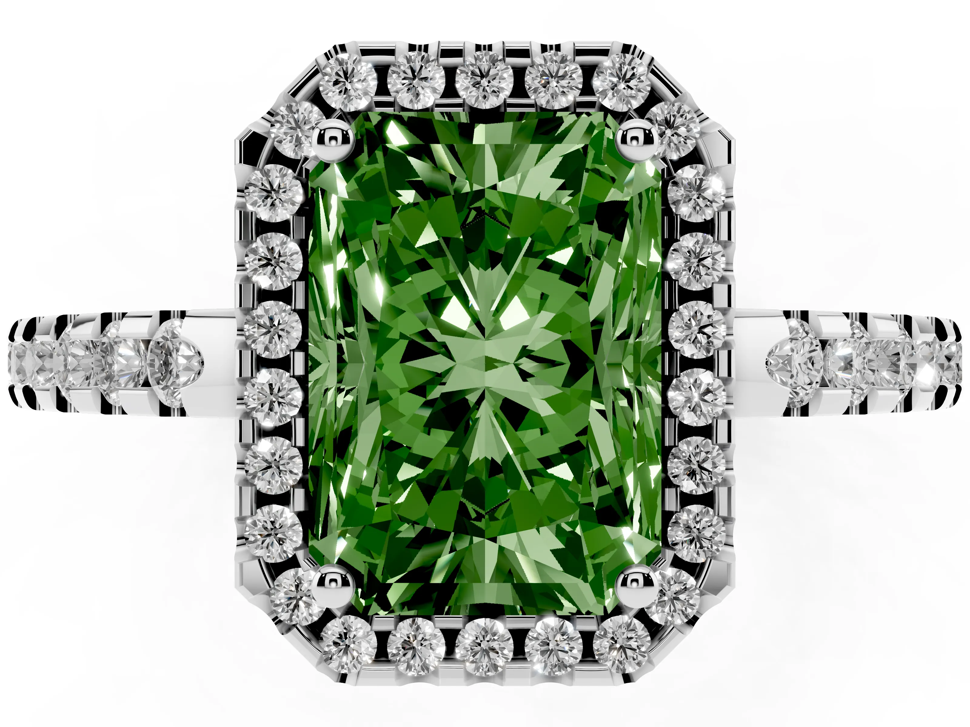 Fancy Green Radiant Cut Diamond Halo Ring Set in Platinum with Pavé Shoulders and Halo-Framed Center