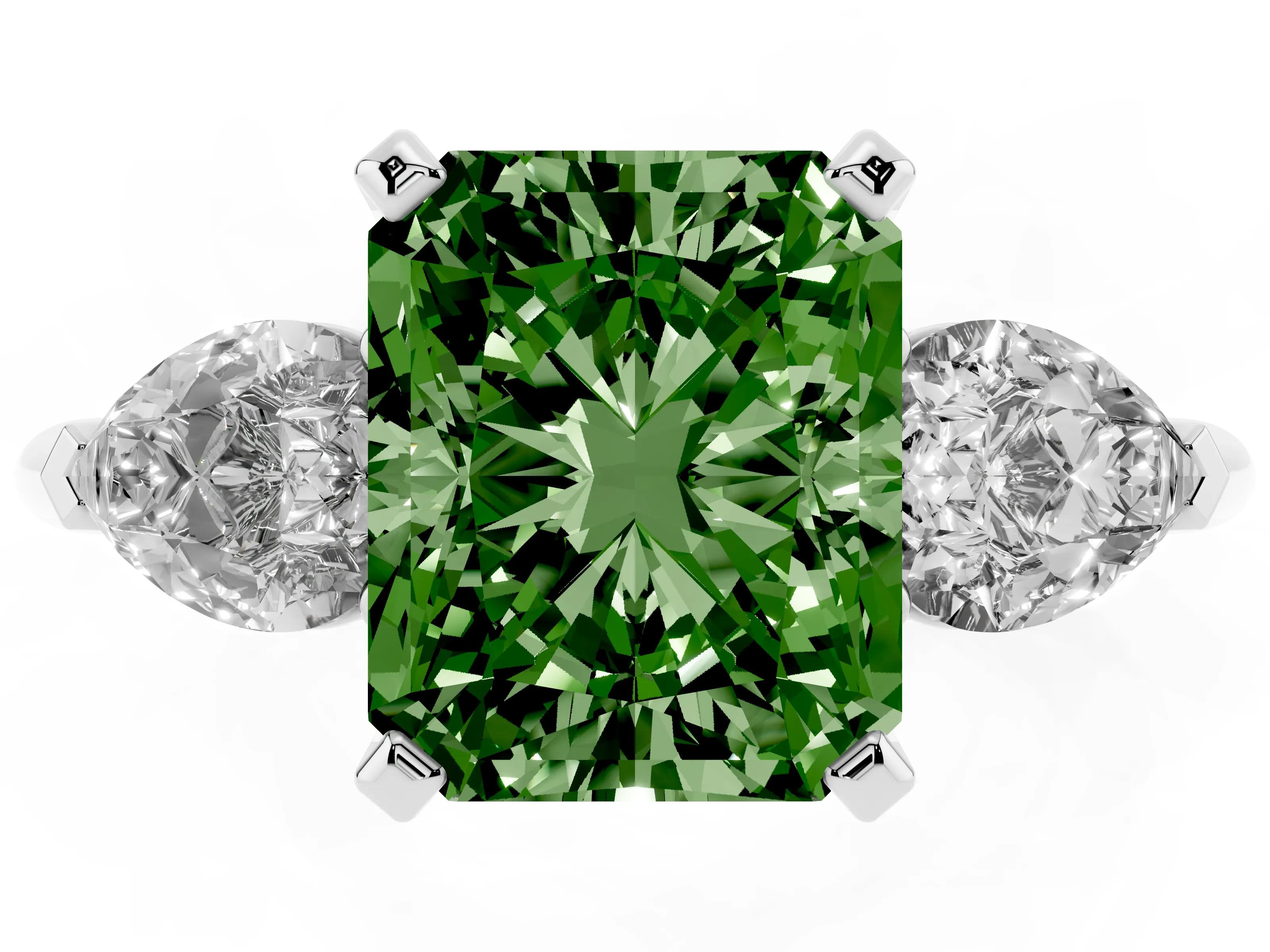 Fancy Green Three-Stone Radiant Cut Diamond Ring Set in Platinum with Pear Side Stones and Prong Setting