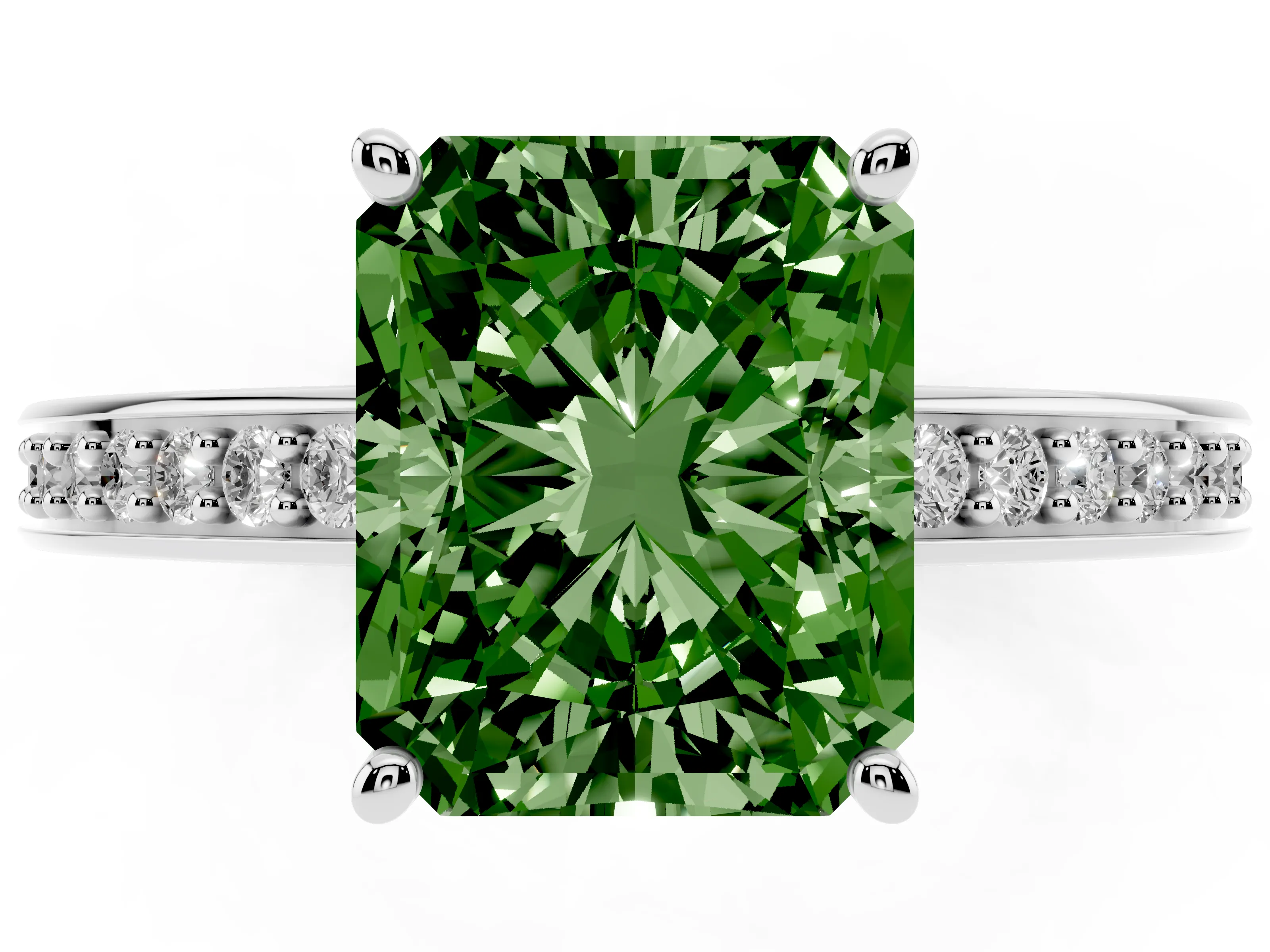 Fancy Green Radiant Cut Diamond Pavé Band Prong Set Solitaire Ring Set in Silver