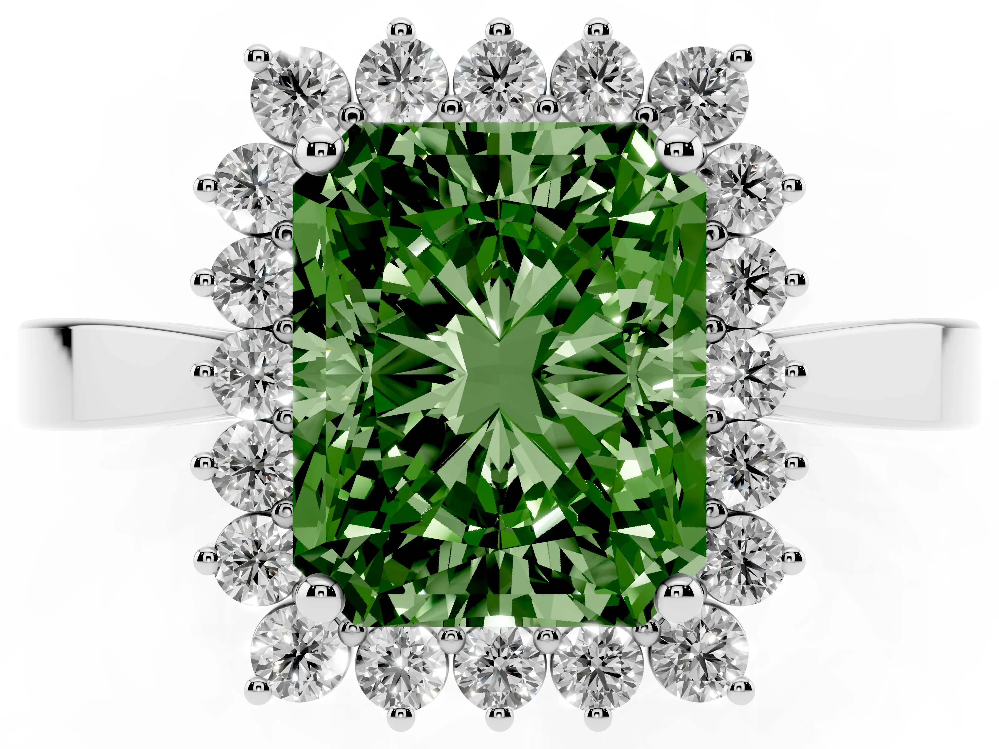 Fancy Green Radiant Cut Diamond Halo Ring Set in White gold with Round Halo and Smooth Solitaire Band