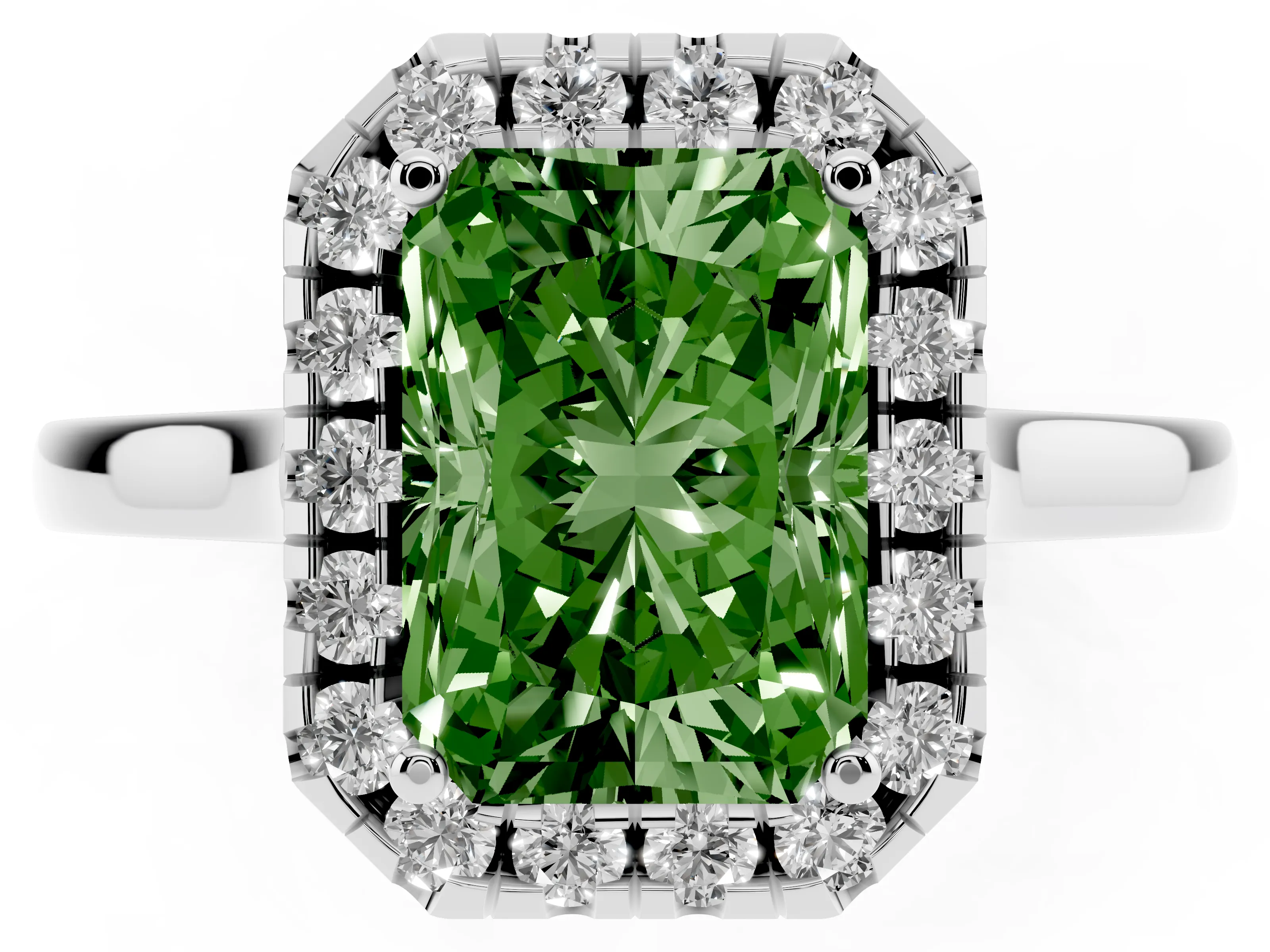 Fancy Green Radiant Cut Halo Round Diamond Solitaire Ring Set in White gold with Pavé Band and Prong Setting