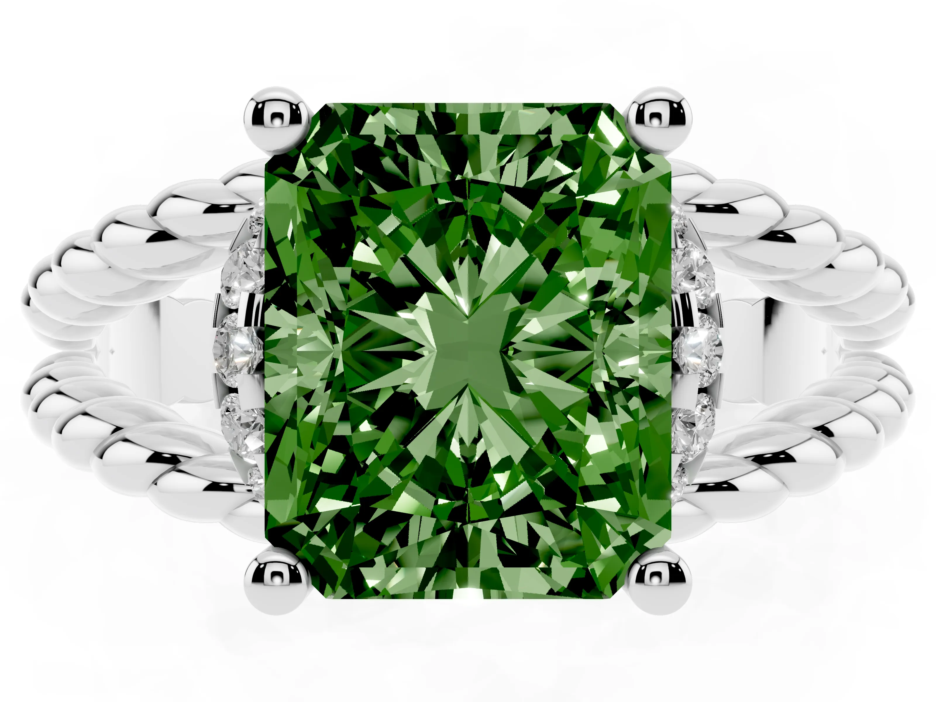 Fancy Green Radiant Cut Diamond Halo Ring Set in White gold with Twisted Band and Prong Setting