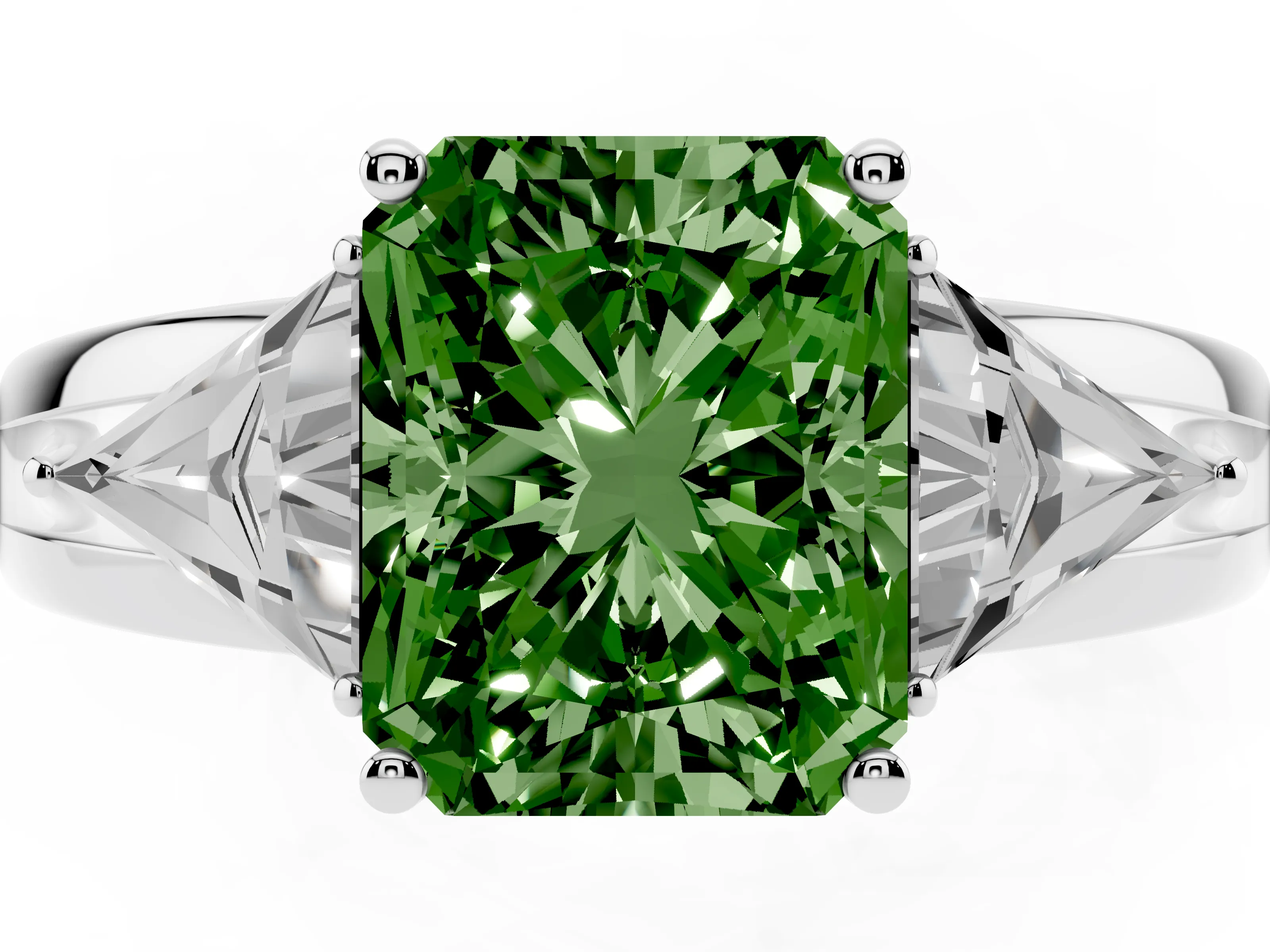 Fancy Green Radiant Cut Diamond Three-Stone Ring Set in Silver with Trillion Side Stones and Split Shank