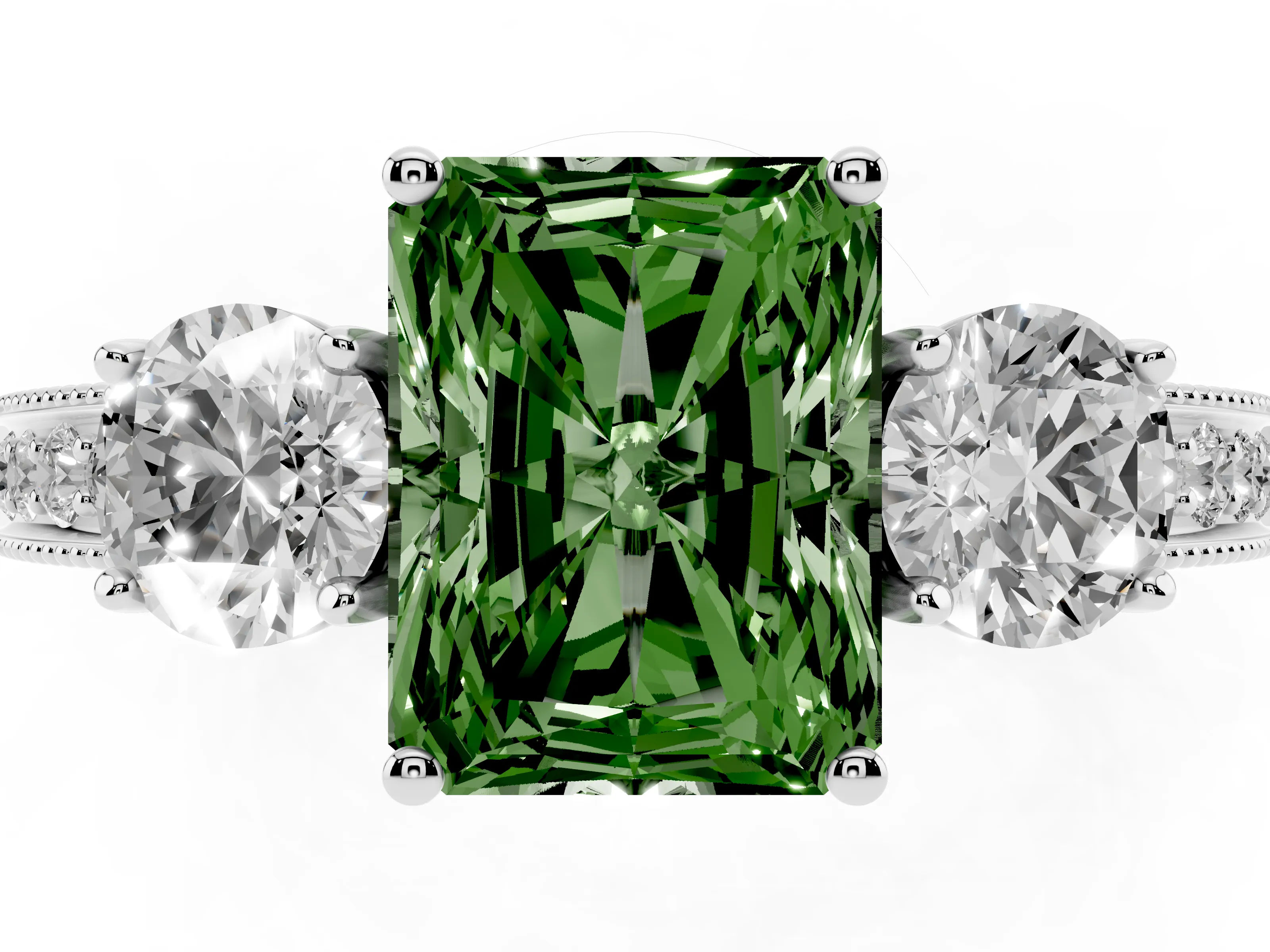 Fancy Green Radiant Cut Diamond Three-Stone Ring Set in Platinum with Round Side Stones and Pavé Band