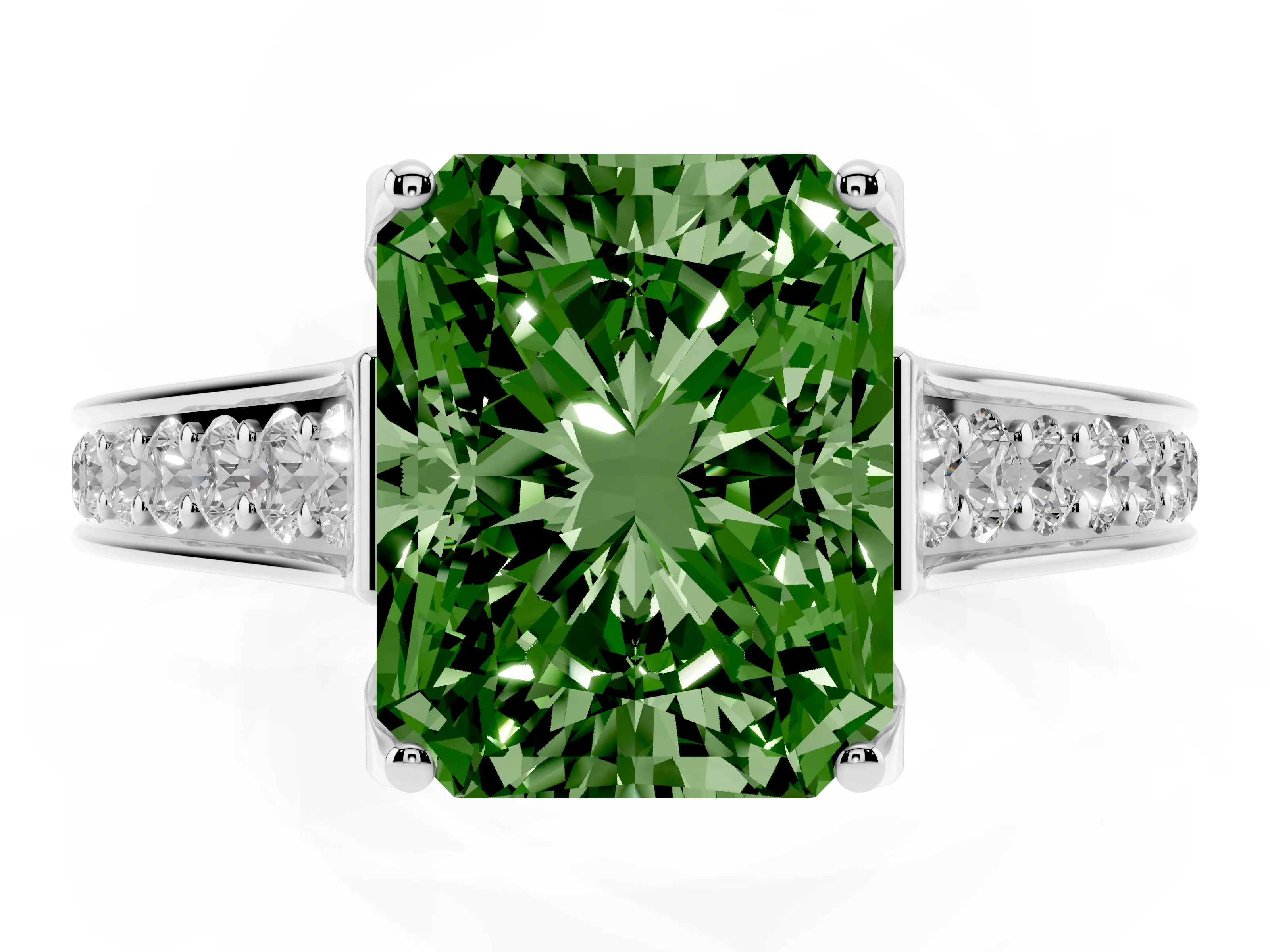 Fancy Green Radiant Cut Diamond Solitaire Pavé Engagement Ring Set in White gold with Prong Setting
