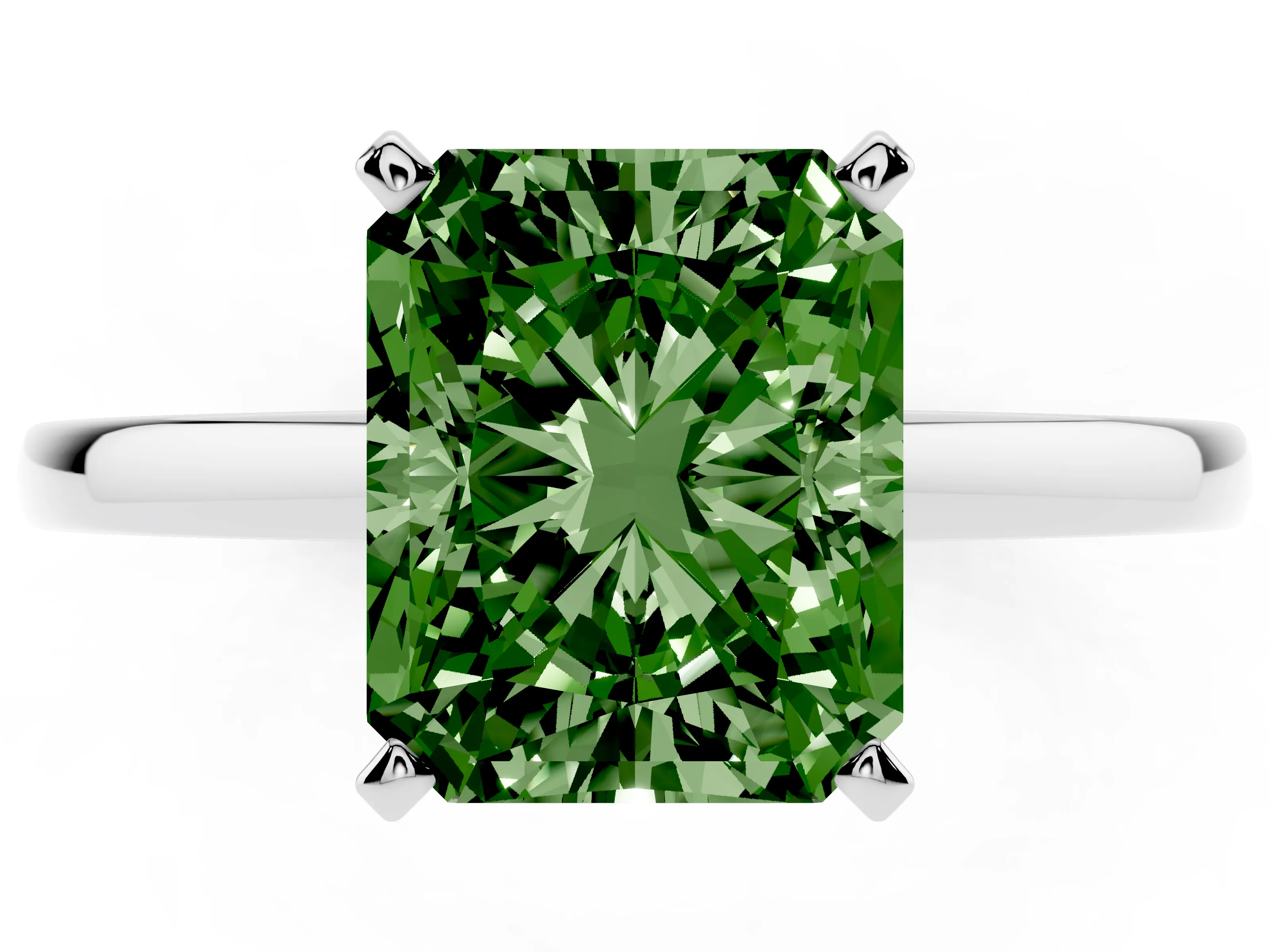 Fancy Green Radiant Cut Diamond Solitaire Engagement Ring Set in Platinum with Prong Setting on a Classic Band