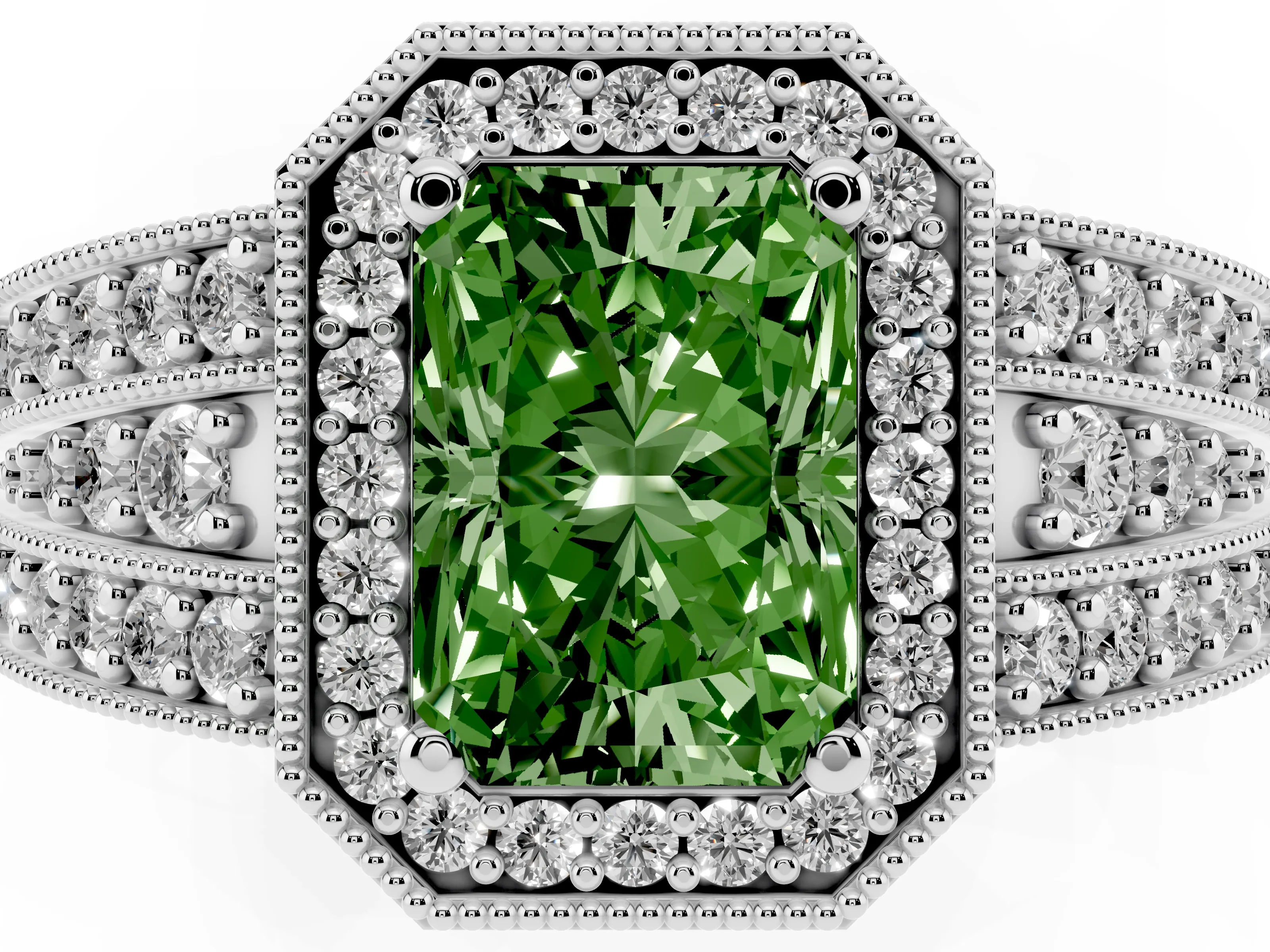 Fancy Green Radiant Cut Diamond Halo Ring Set in Platinum with Accent Split Shank and Prong Setting
