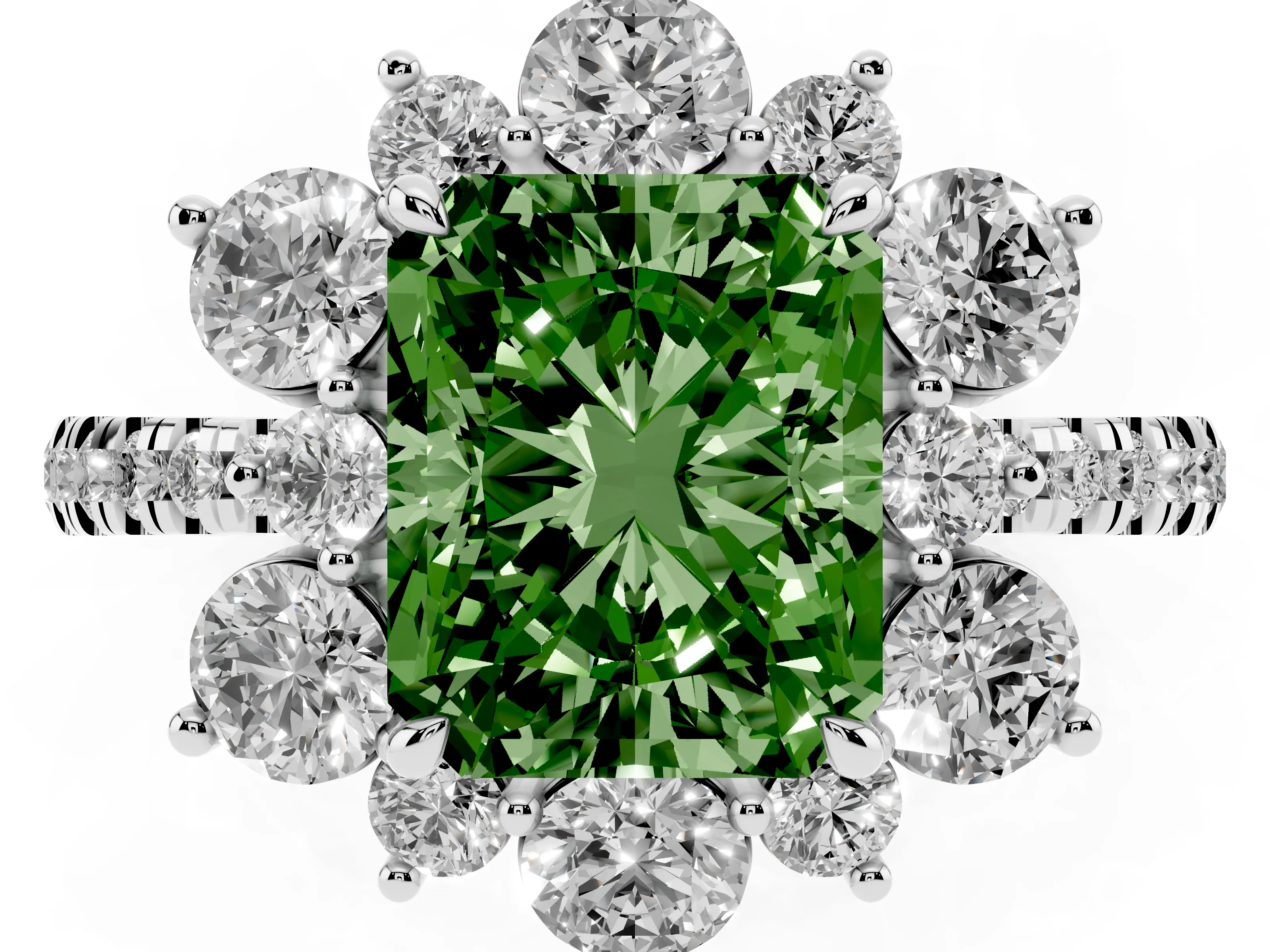 Fancy Green Radiant Cut Diamond Floral Halo Ring Set in Silver with Round Pavé Band and Prong Setting
