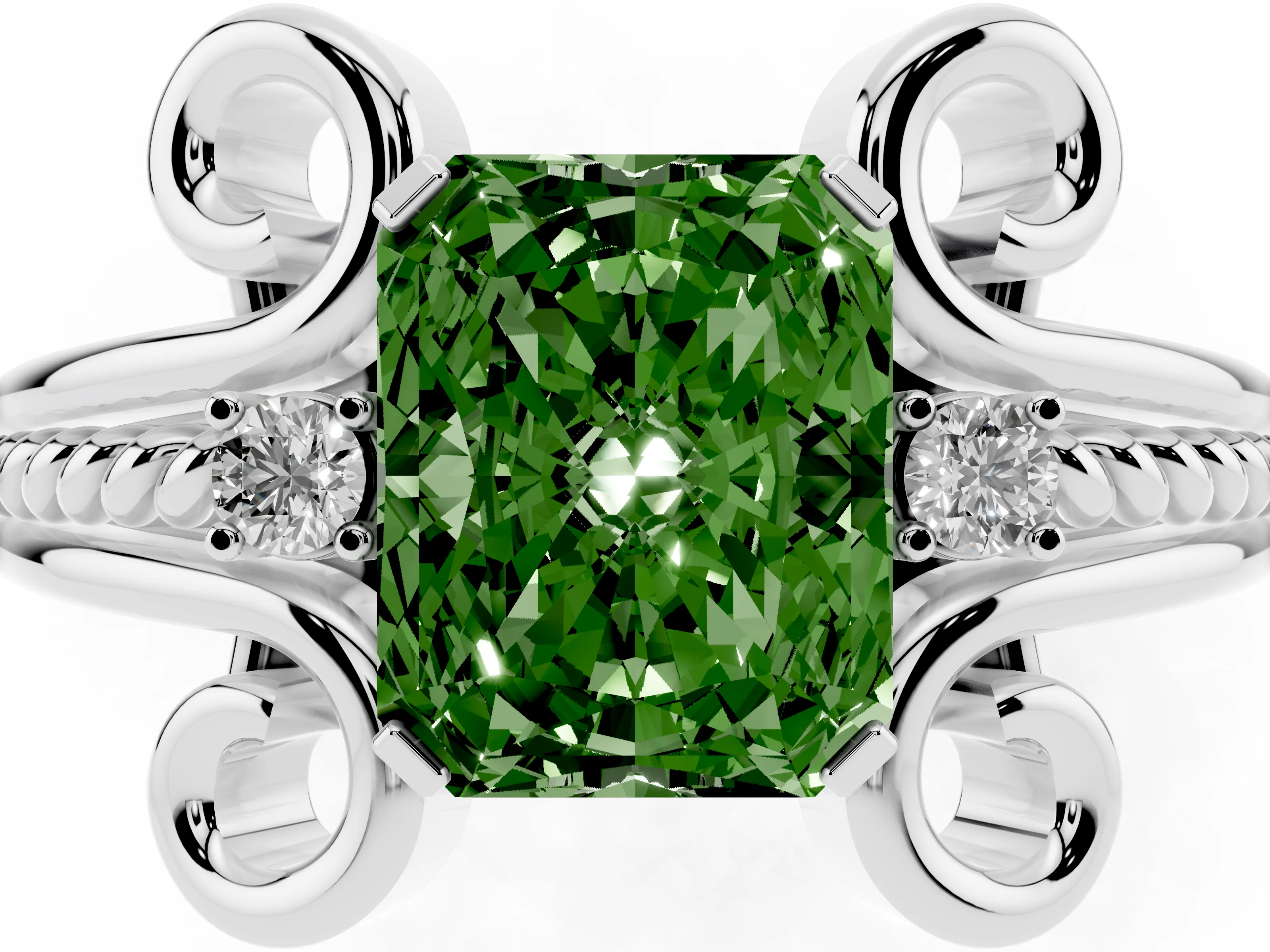 Fancy Green Radiant Cut Diamond Twisted Band Solitaire Ring Set in Platinum with Scroll Prongs