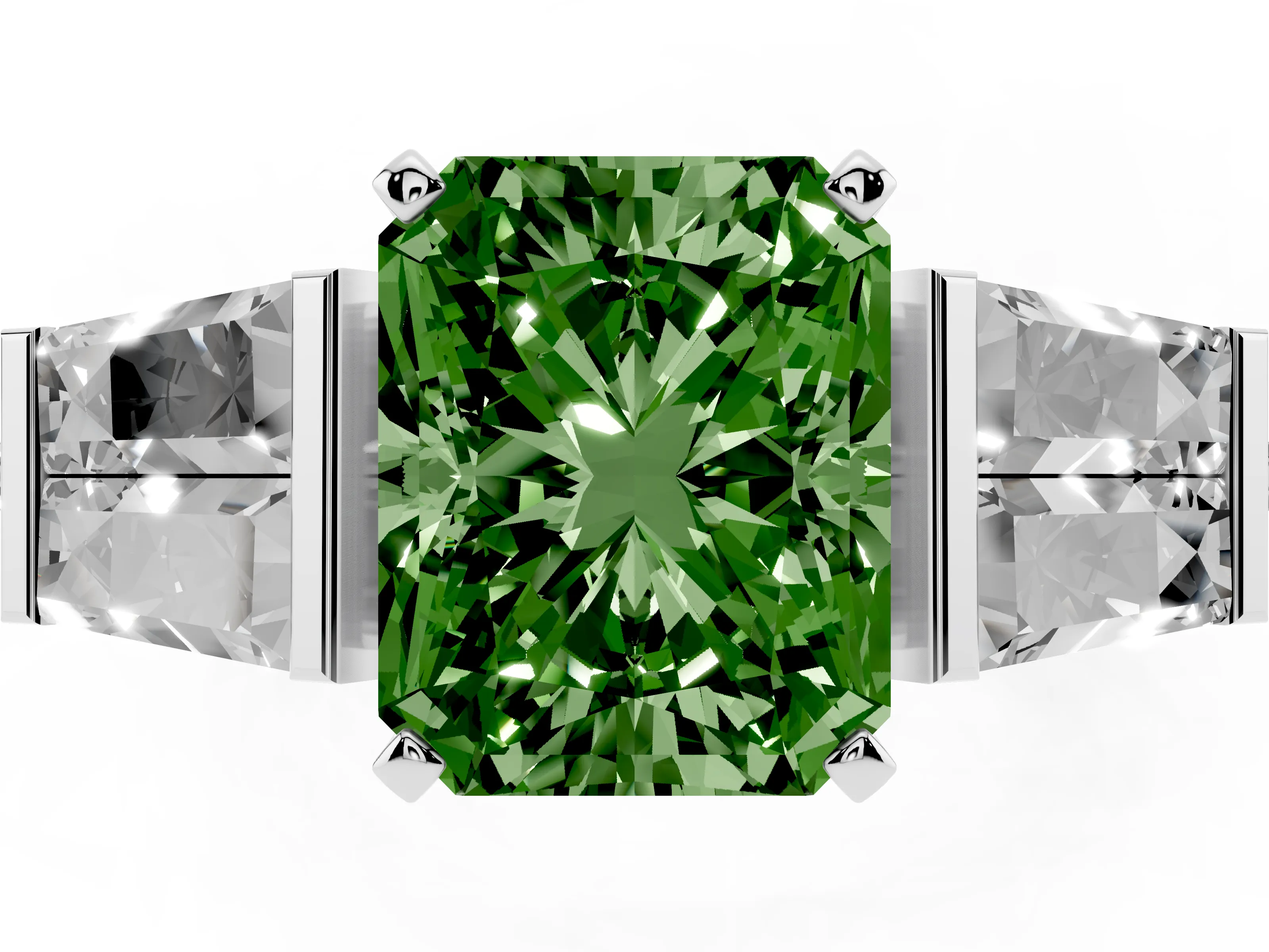 Fancy Green Radiant Cut Diamond Engagement Ring Set in Silver with Baguette Side Stones and Channel Set Band