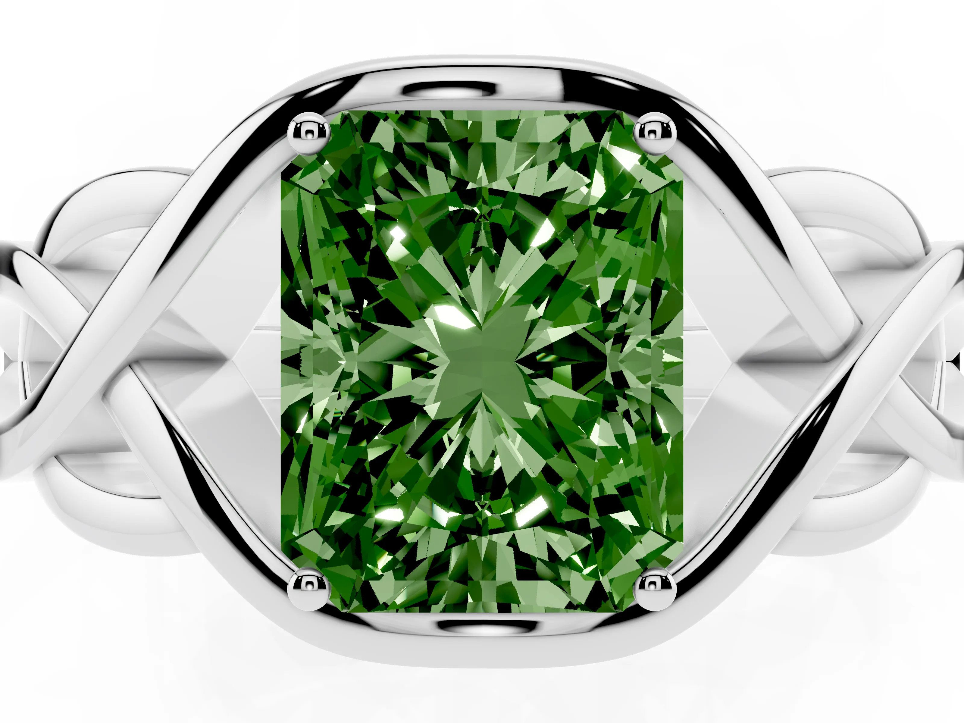 Fancy Green Radiant Cut Diamond Solitaire Ring Set in Silver with Intertwined Band