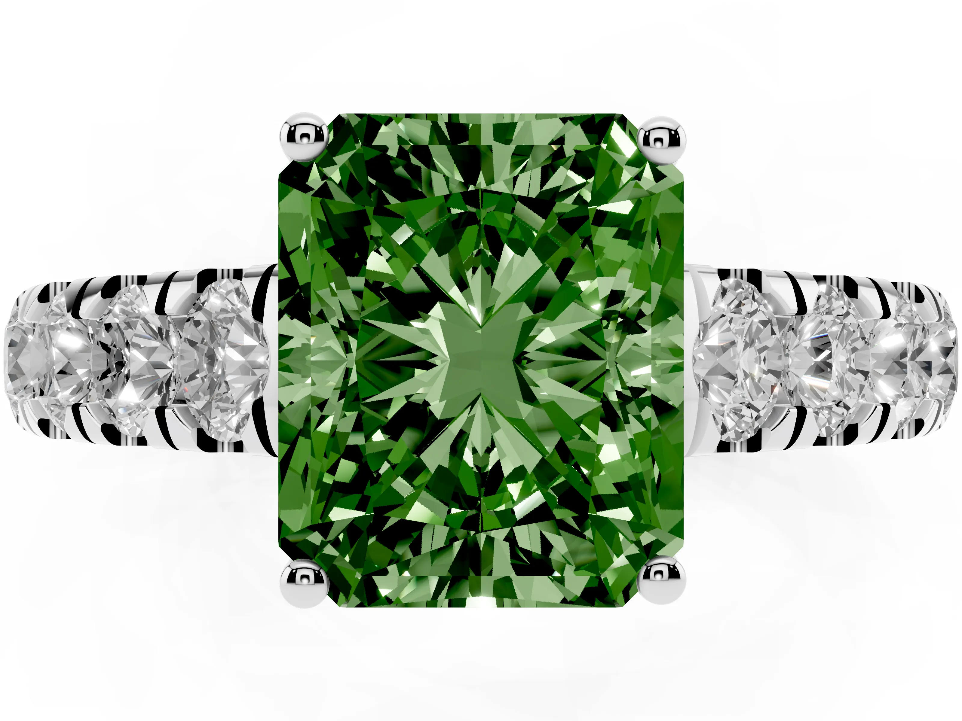Fancy Green Radiant Cut Diamond Solitaire Ring Set in Silver with Cut-Down Micro Pavé Band and Prong Setting
