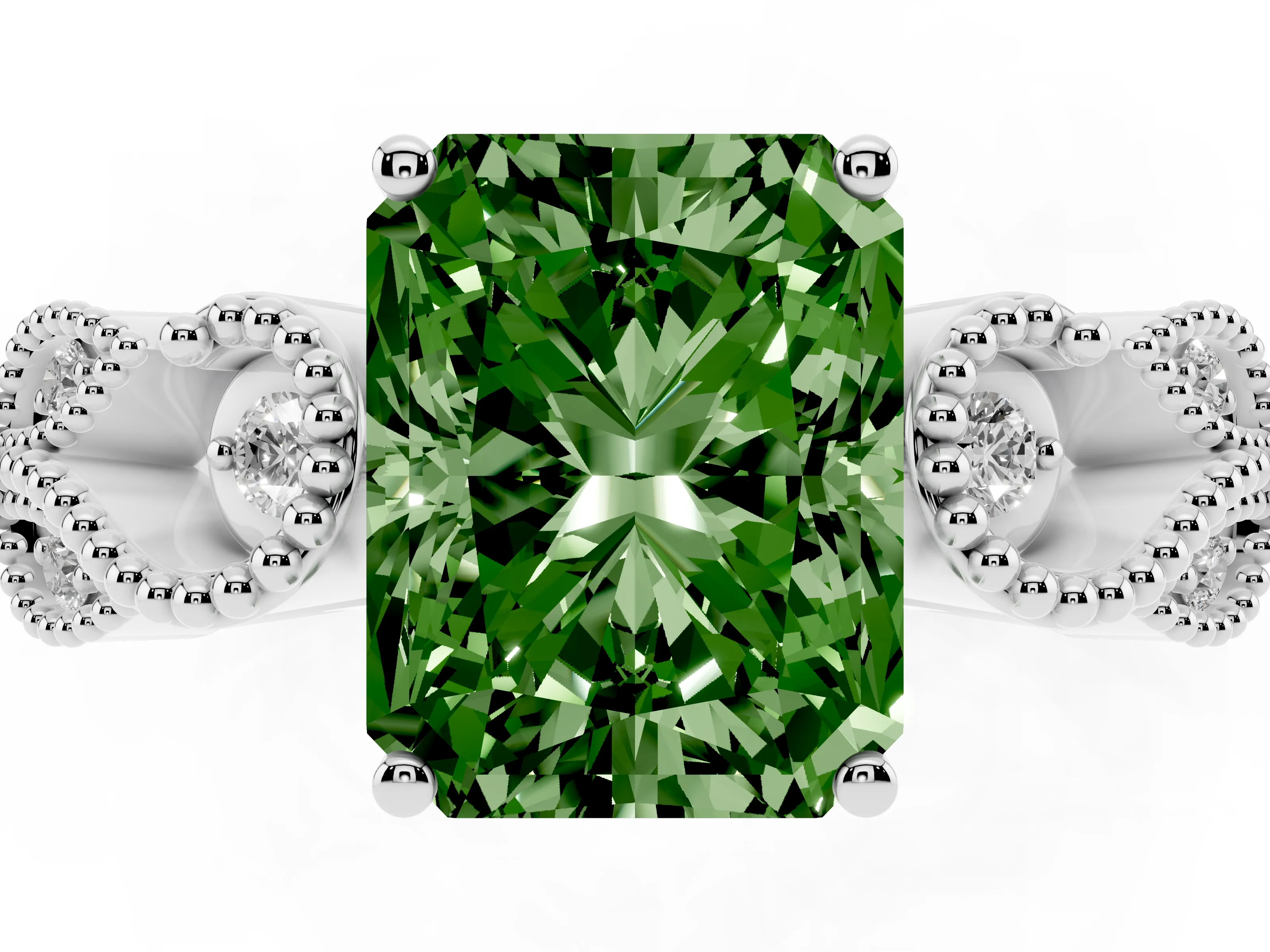 Fancy Green Radiant Cut Diamond Milgrain Leaf Band Solitaire Ring Set in Silver with Accent Stones and Prong Setting