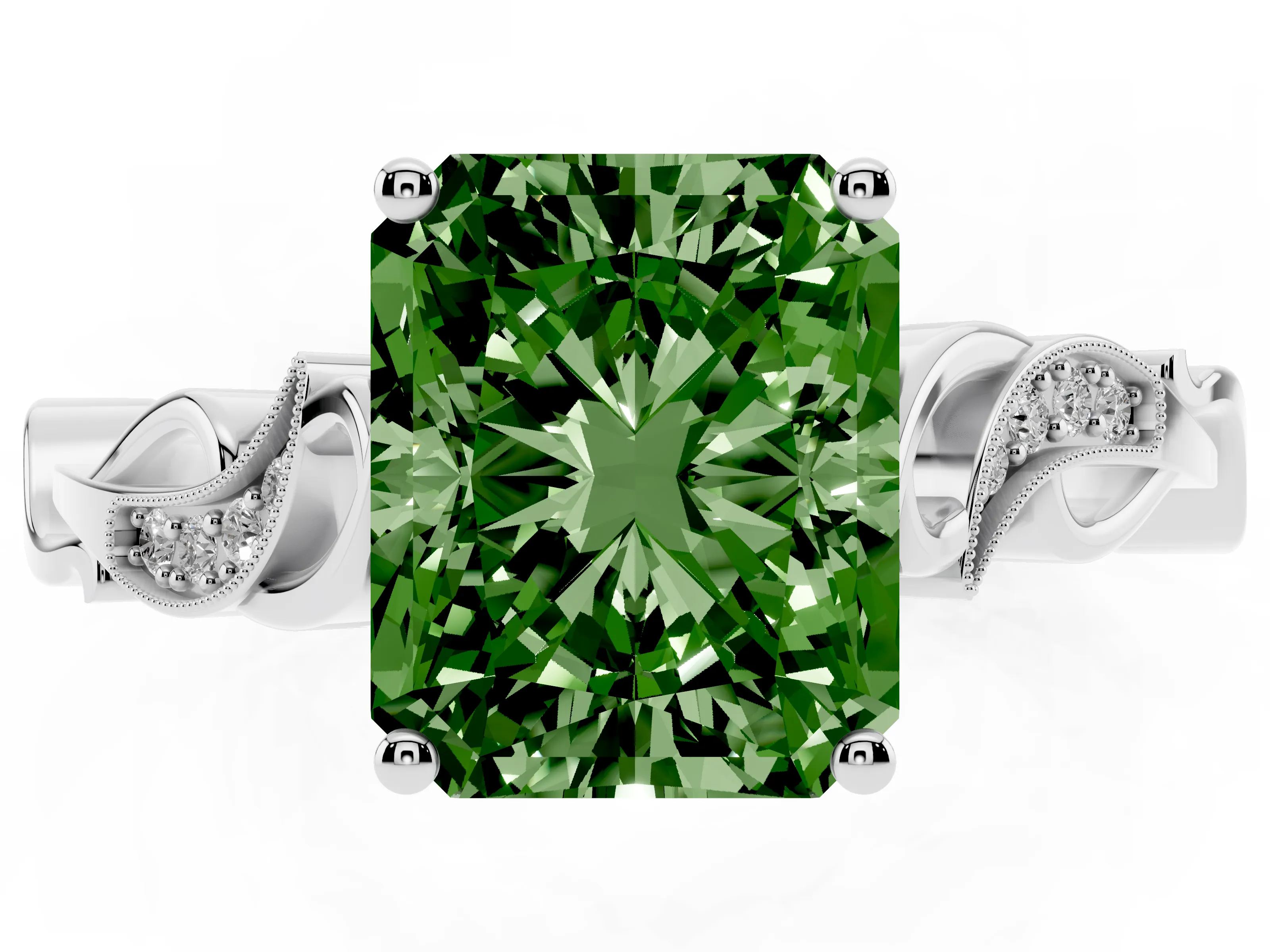 Fancy Green Radiant Cut Diamond Vine Band Solitaire Ring Set in Platinum with Milgrain Prong Setting