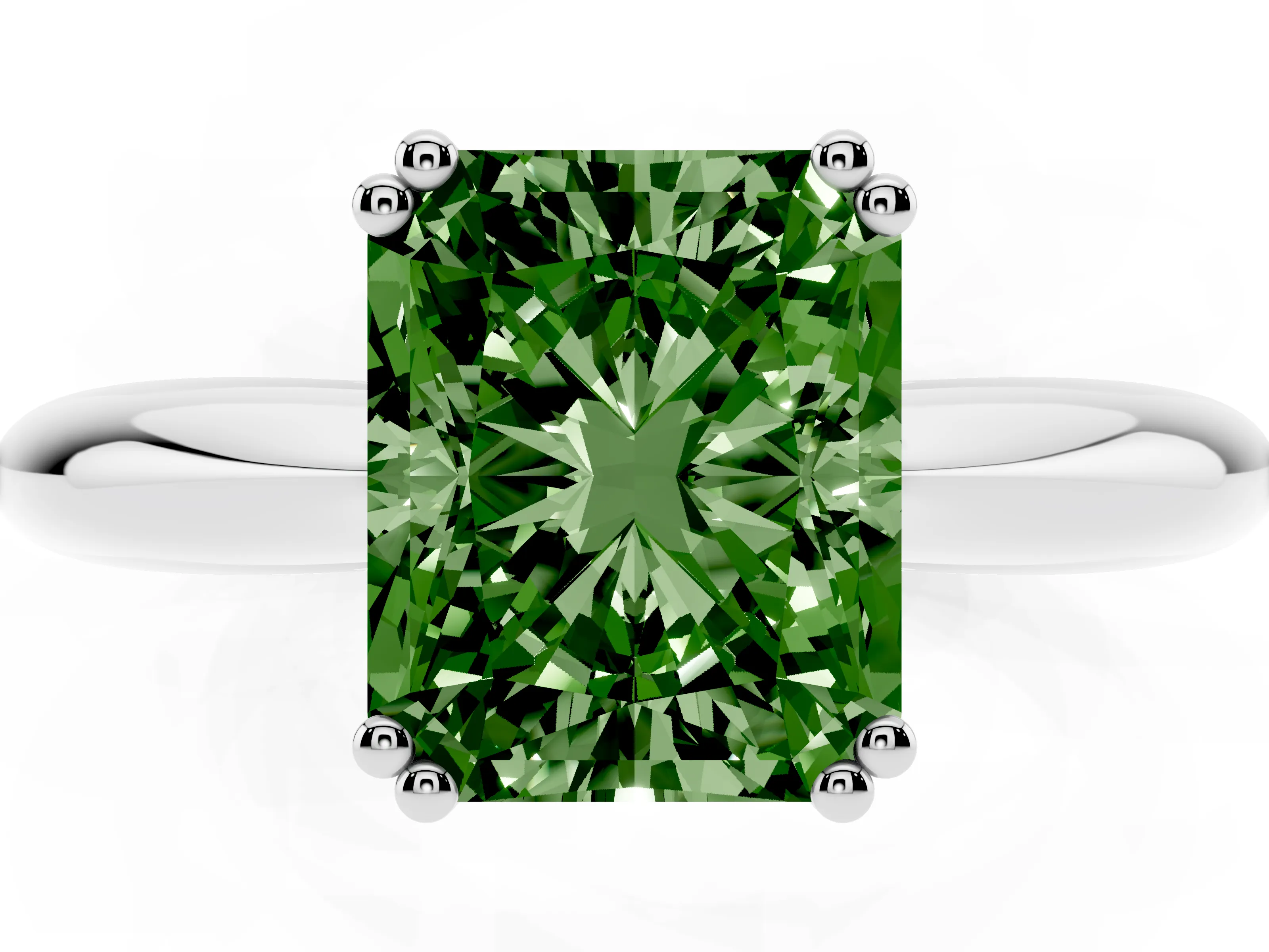 Fancy Green Radiant Cut Diamond Solitaire Engagement Ring Set in White gold with Tapered Band and Prong Setting