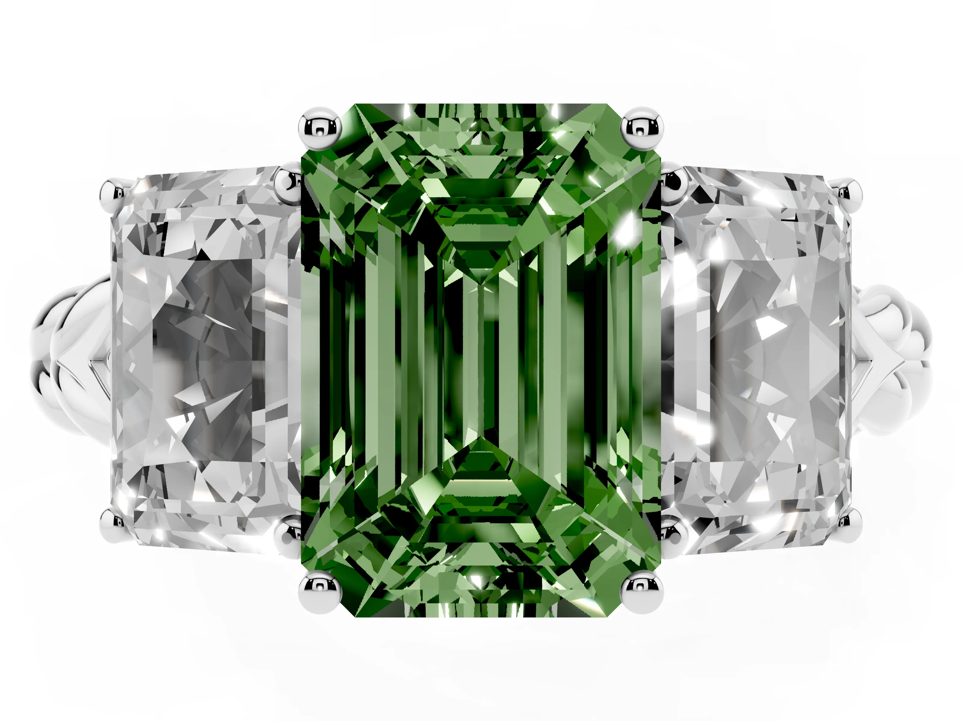 Fancy Green Radiant Cut Diamond Three-Stone Ring Set in Platinum with Braided Band