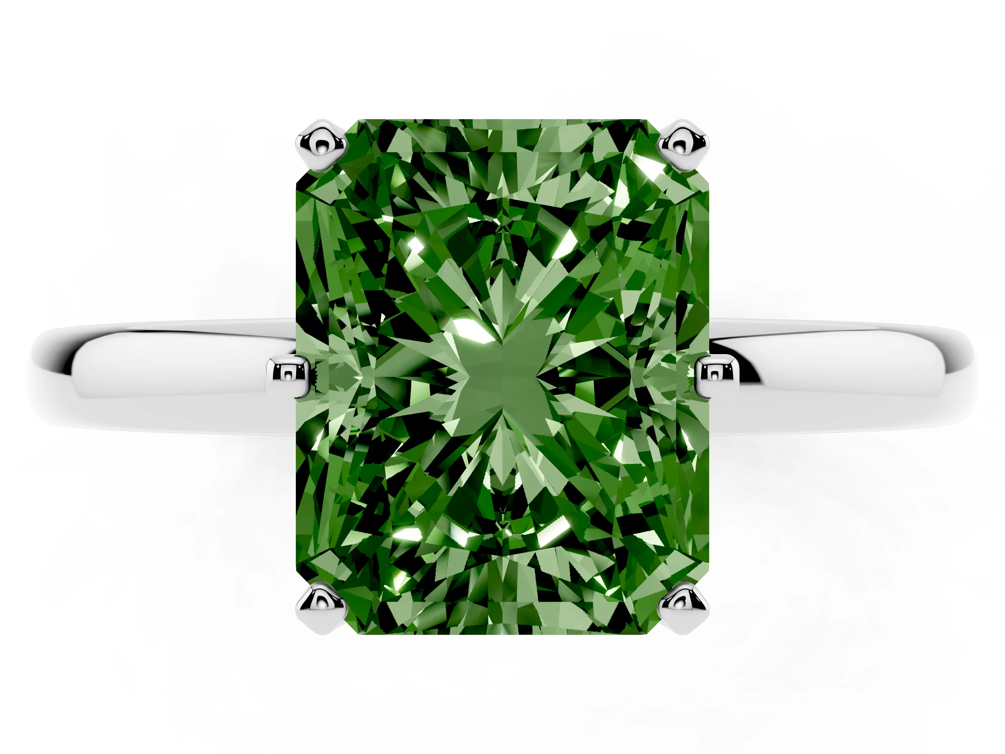 Fancy Green Radiant Cut Diamond Solitaire Ring Set in Silver with Raised Prong Setting on a Classic Band