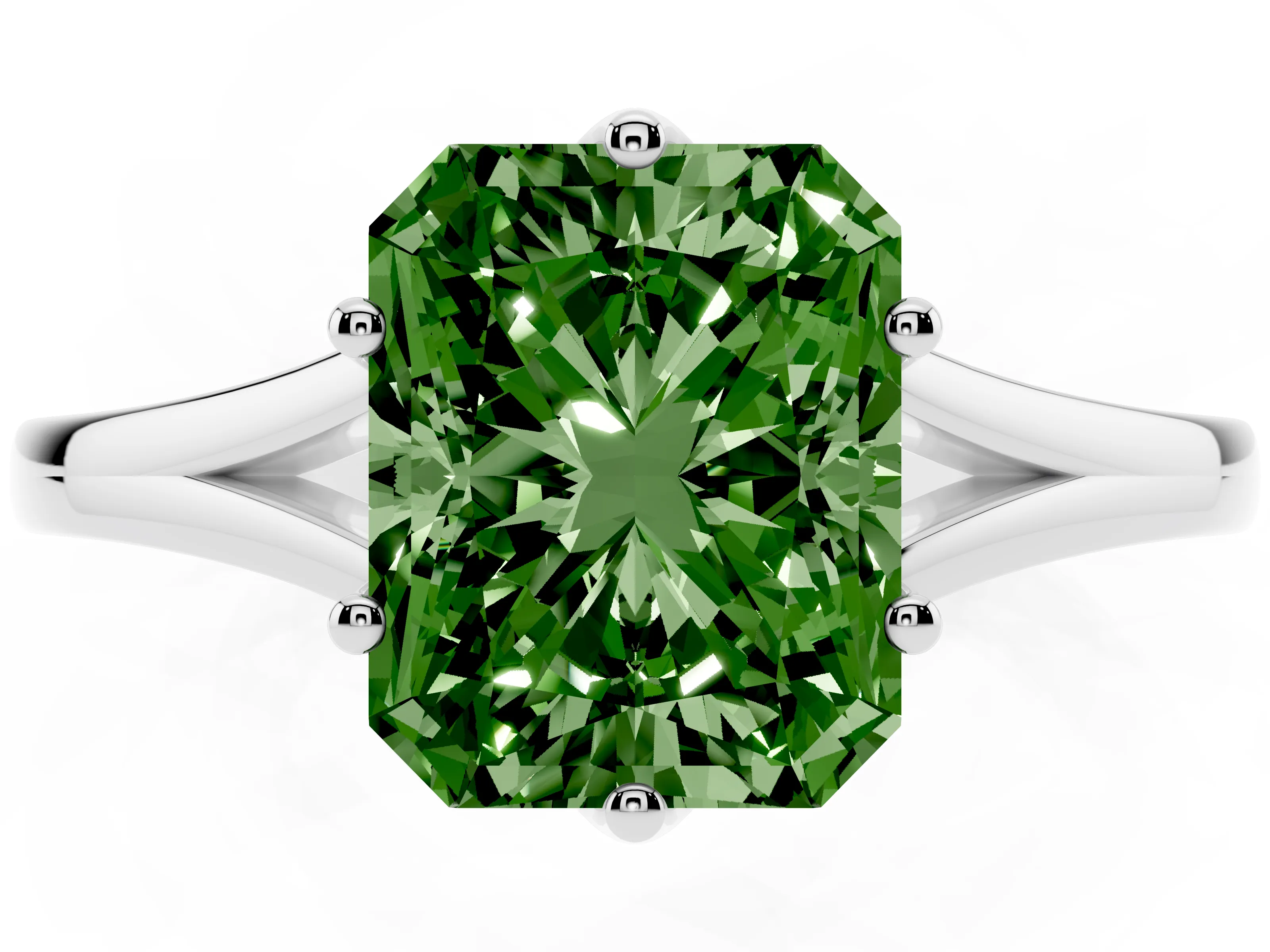 Fancy Green Radiant Cut Diamond Solitaire Ring Set in White gold with Polished Tapered Band and Prong Setting