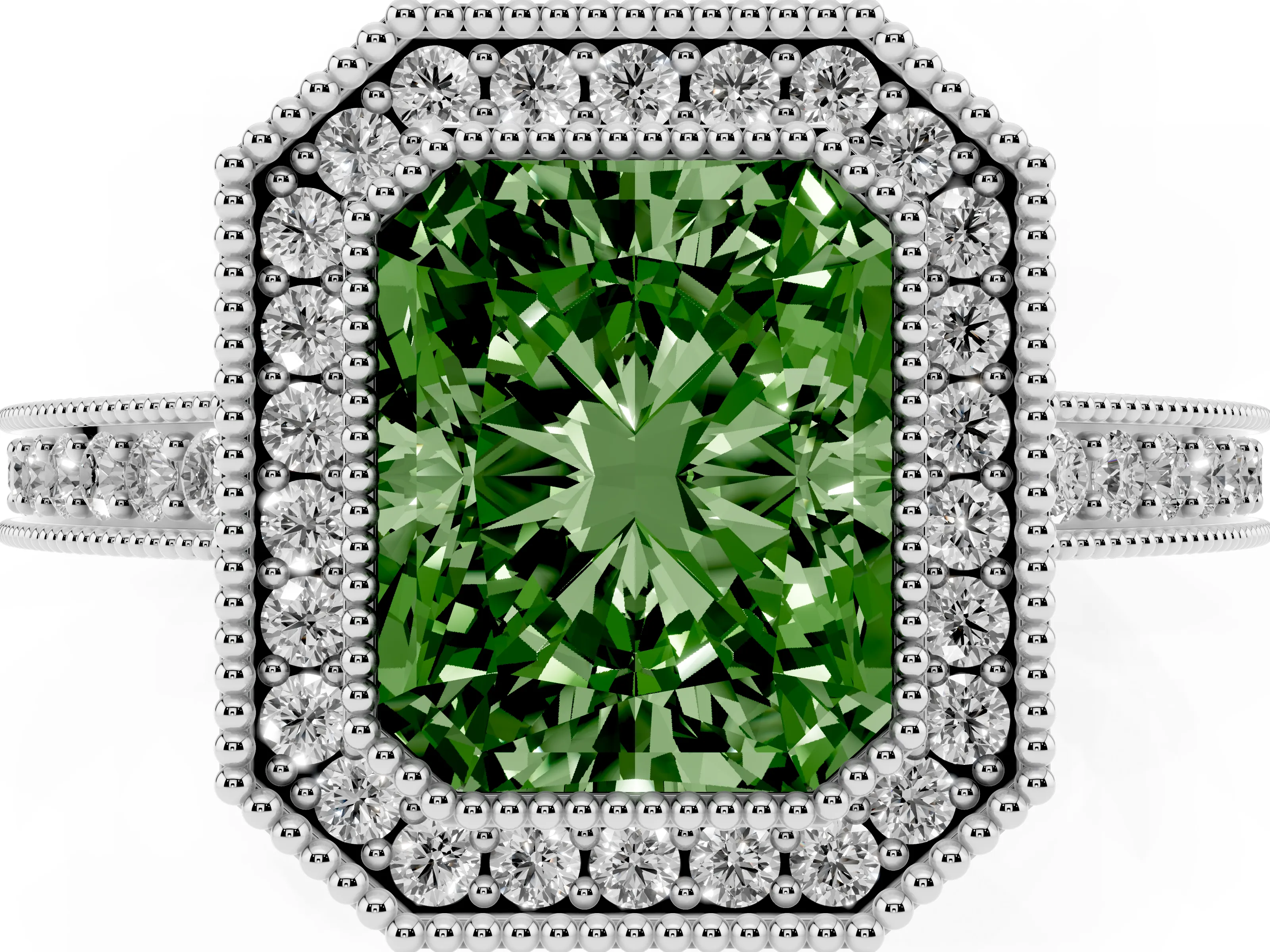 Fancy Green Radiant Cut Diamond Round Halo Ring Set in White gold with Pavé Band