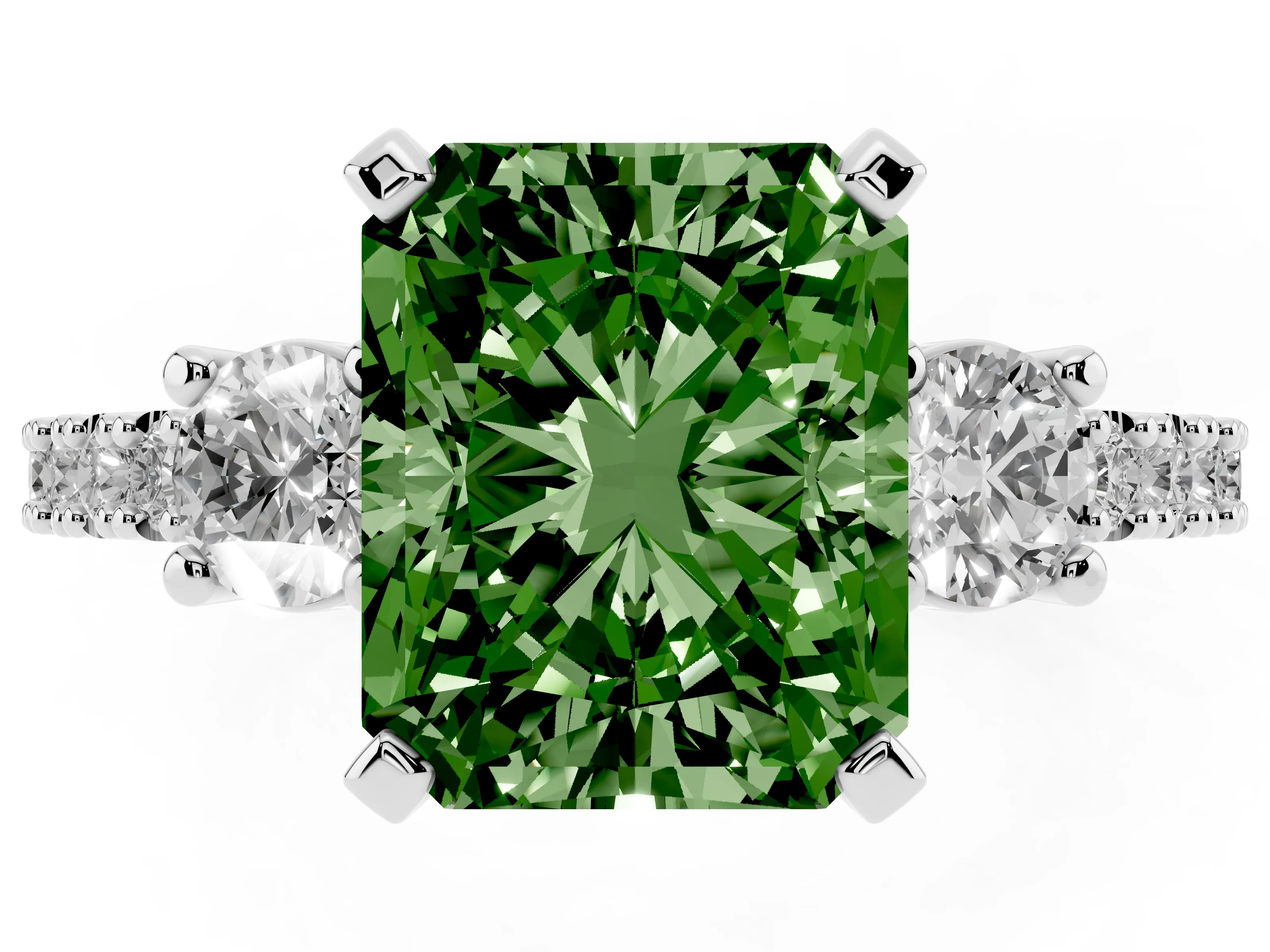 Fancy Green Three-Stone Radiant Cut Diamond Pavé Band Ring Set in White gold with Prong Setting