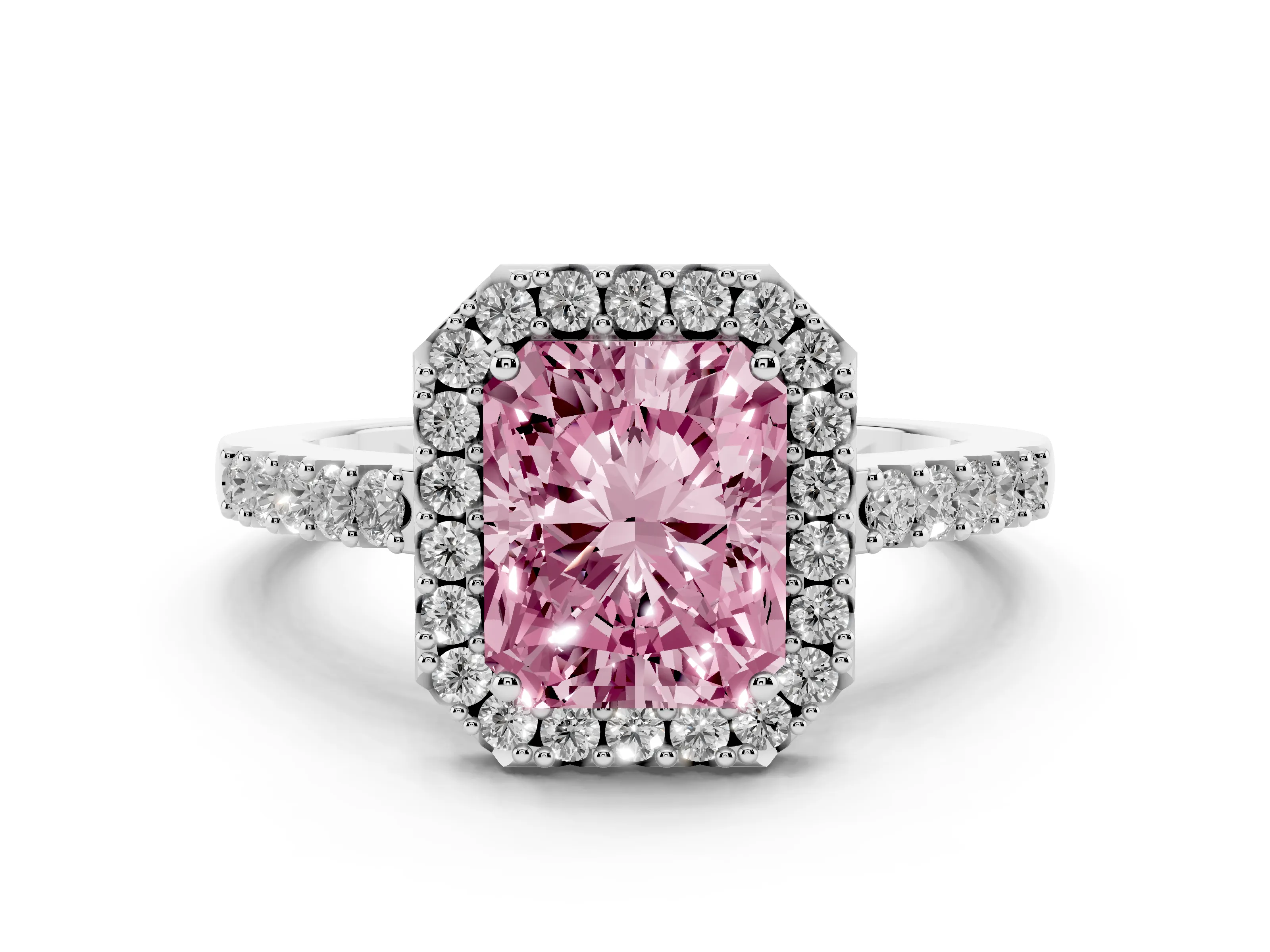 Fancy Pink Radiant Cut Diamond Halo Pavé Solitaire Ring Set in White gold with Prong-Set Center Stone