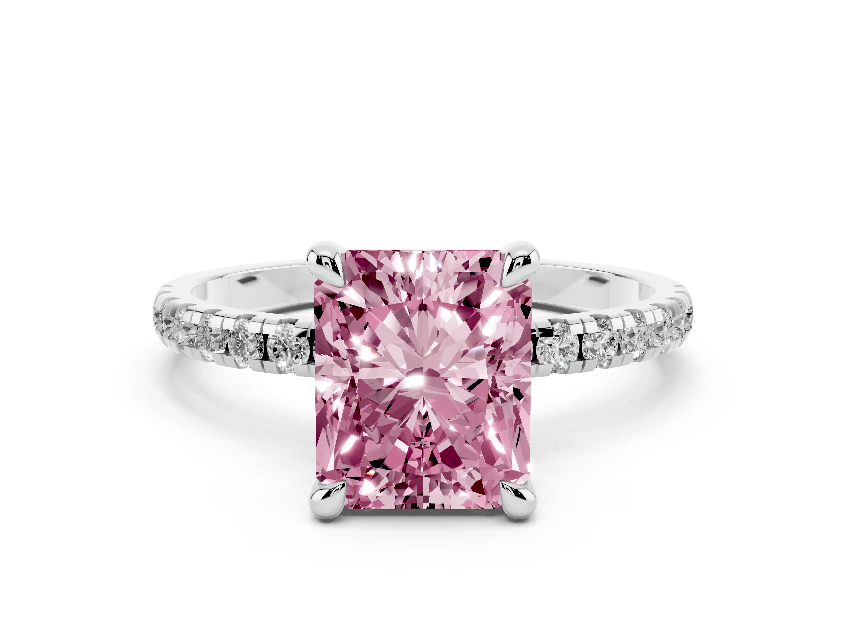 Fancy Pink Radiant Cut Diamond Brilliant Solitaire Ring Set in Platinum with Pavé Band and Prong Setting