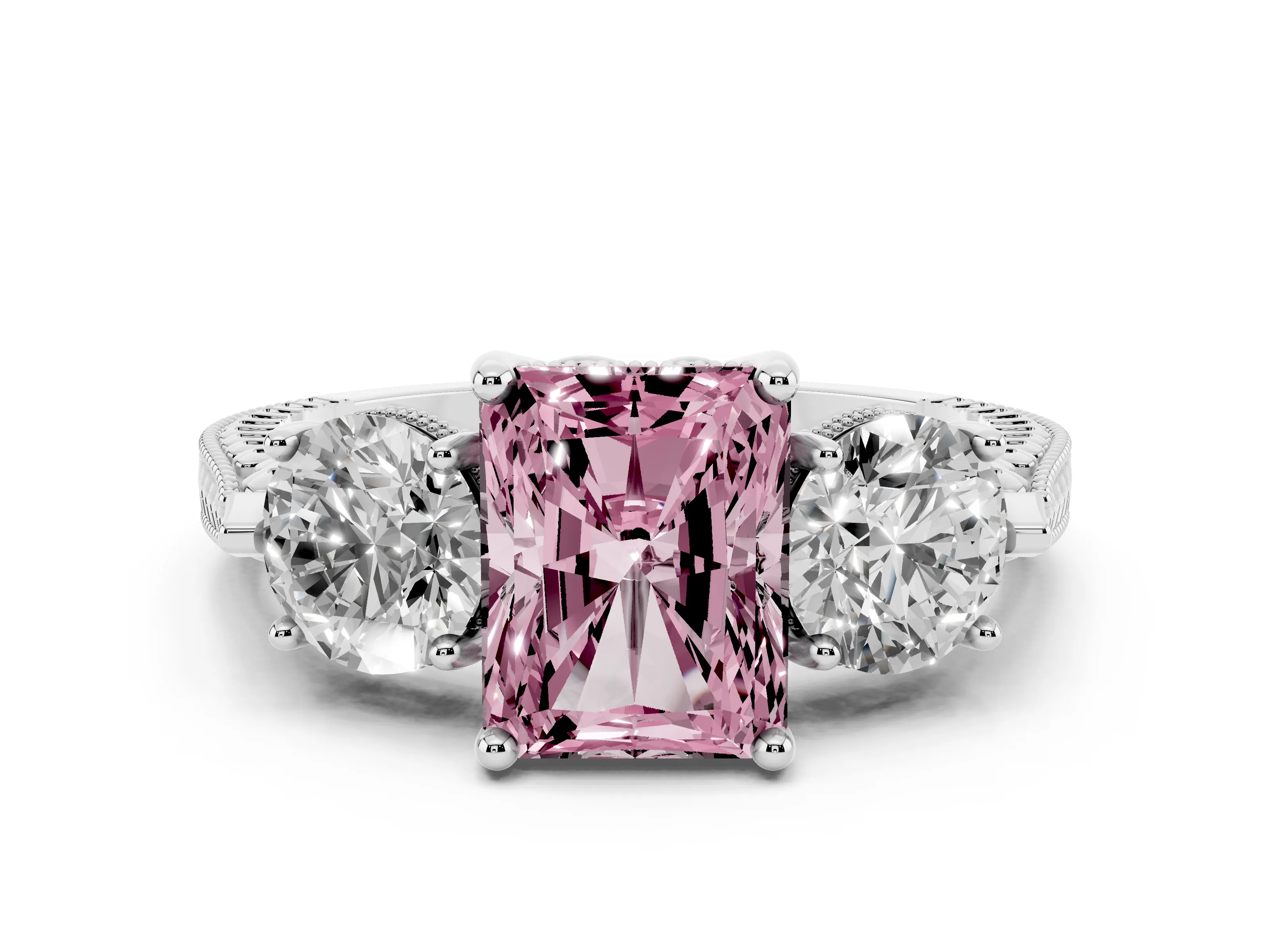 Fancy Pink Radiant Cut Diamond Three-Stone Ring Set in Silver with Milgrain Band