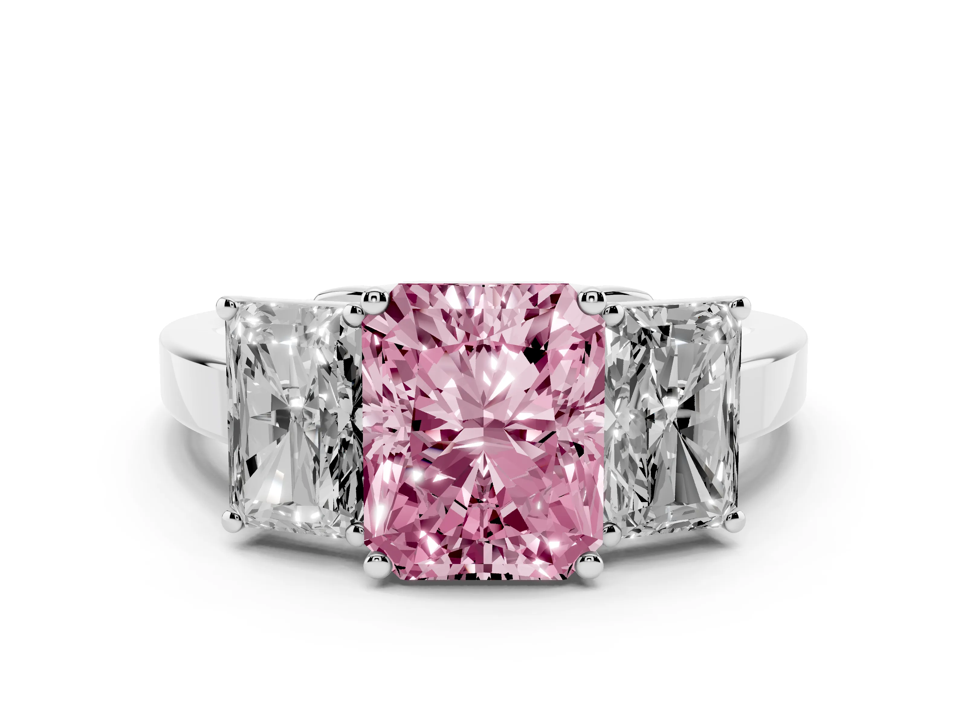 Fancy Pink Radiant Cut Diamond Three-Stone Engagement Ring Set in Platinum with Flat Band