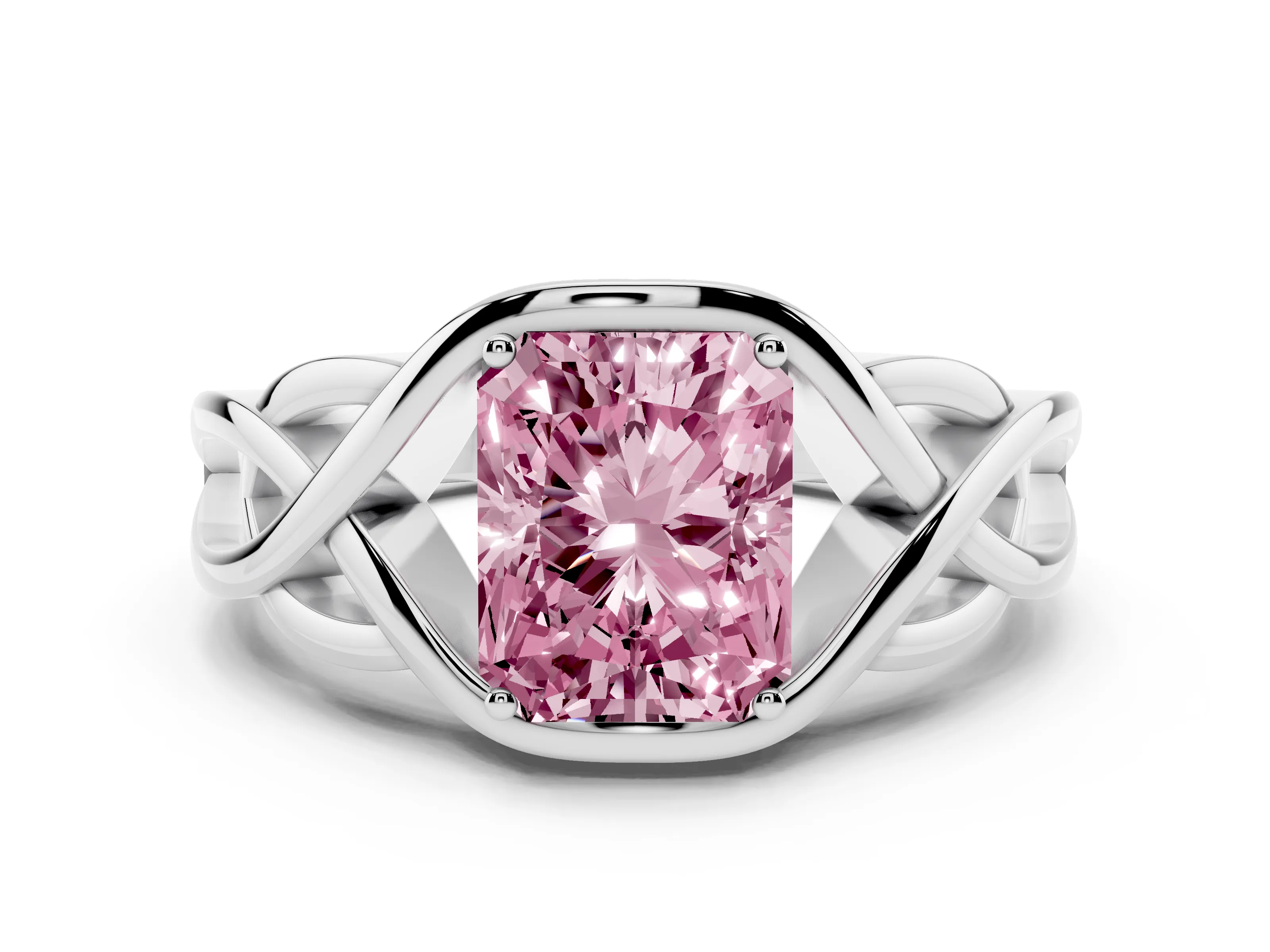 Fancy Pink Radiant Cut Diamond Solitaire Ring Set in White gold with Intertwined Band