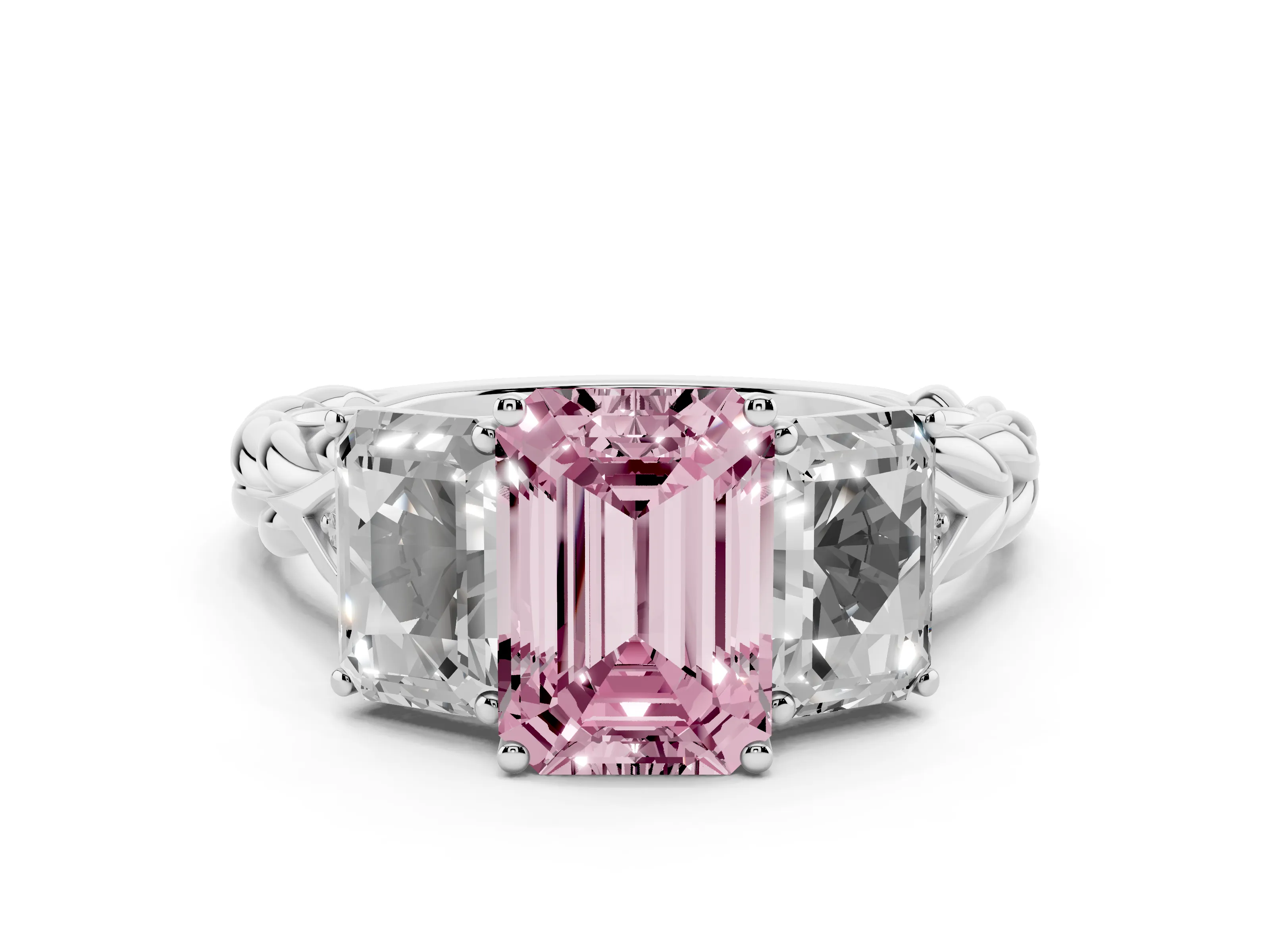 Fancy Pink Radiant Cut Diamond Three-Stone Ring Set in Platinum with Braided Band