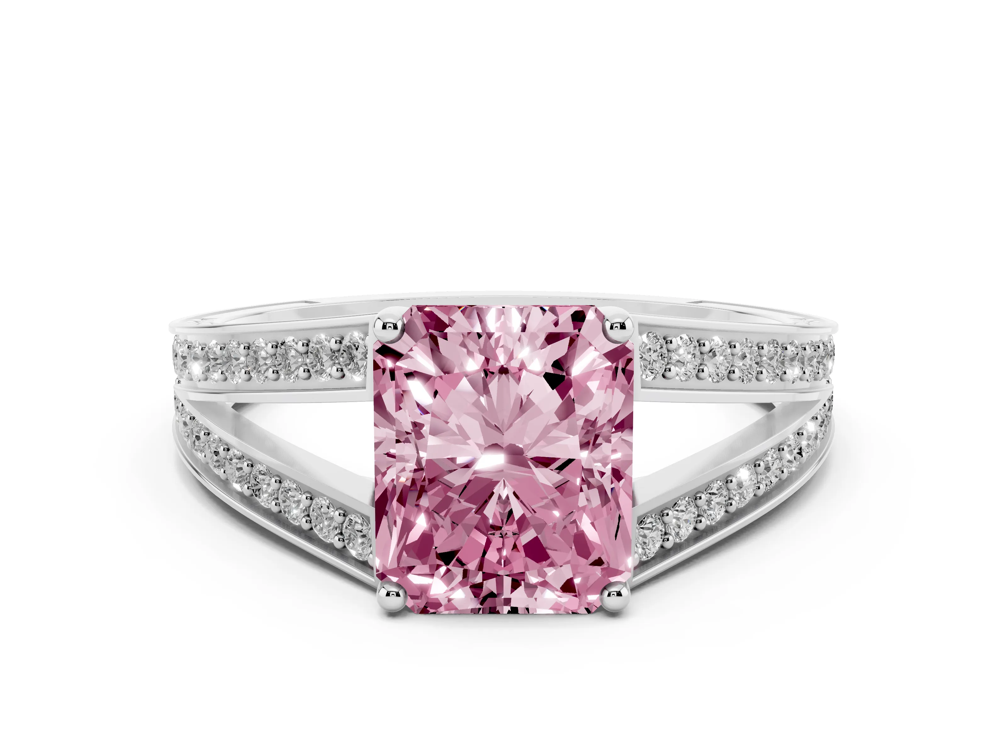 Fancy Pink Radiant Cut Diamond Split Shank Ring Set in Platinum with Pavé Band and Prong Setting